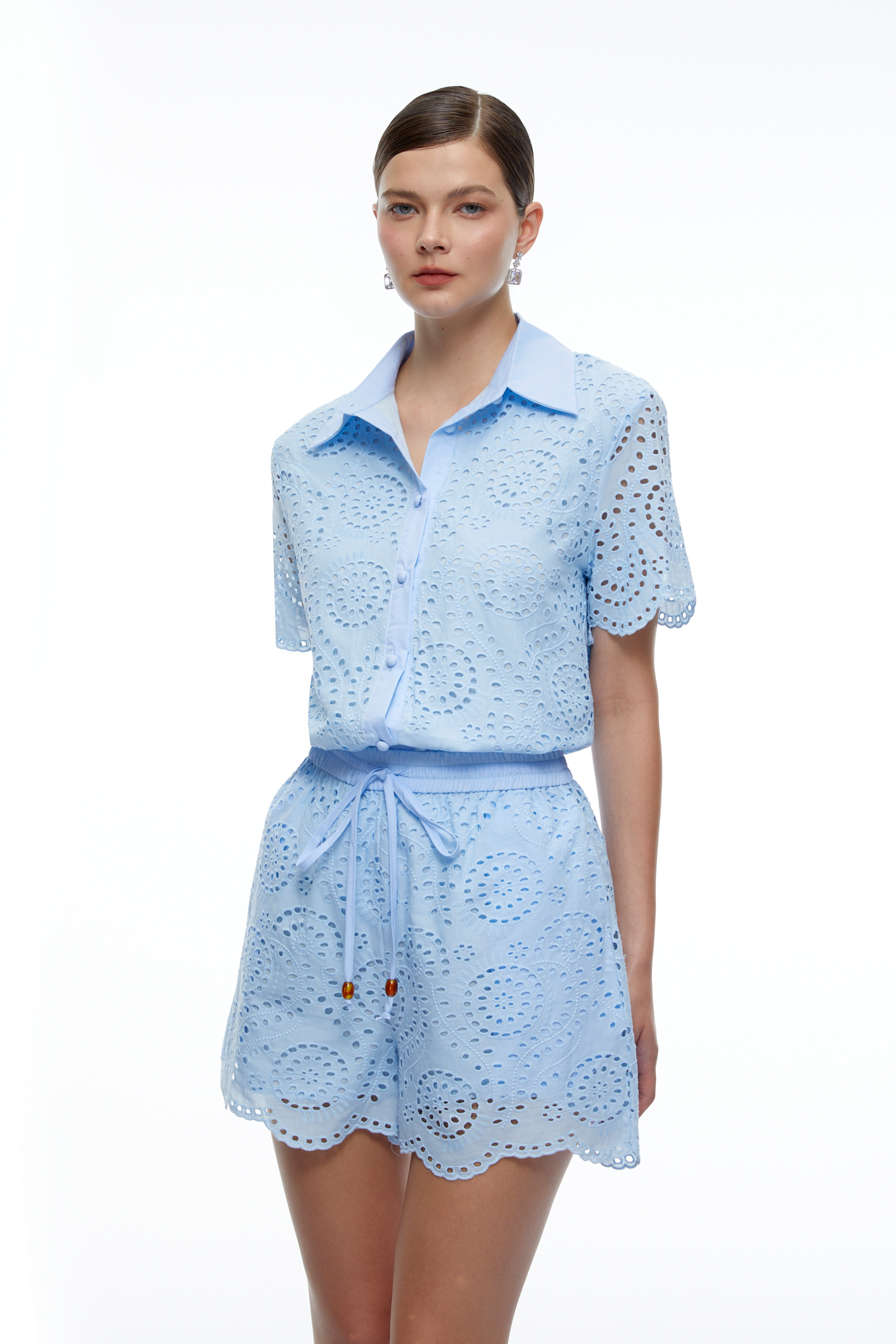 Penelope Blue Eyelet Lace Short Sleeve Top & Shorts Set