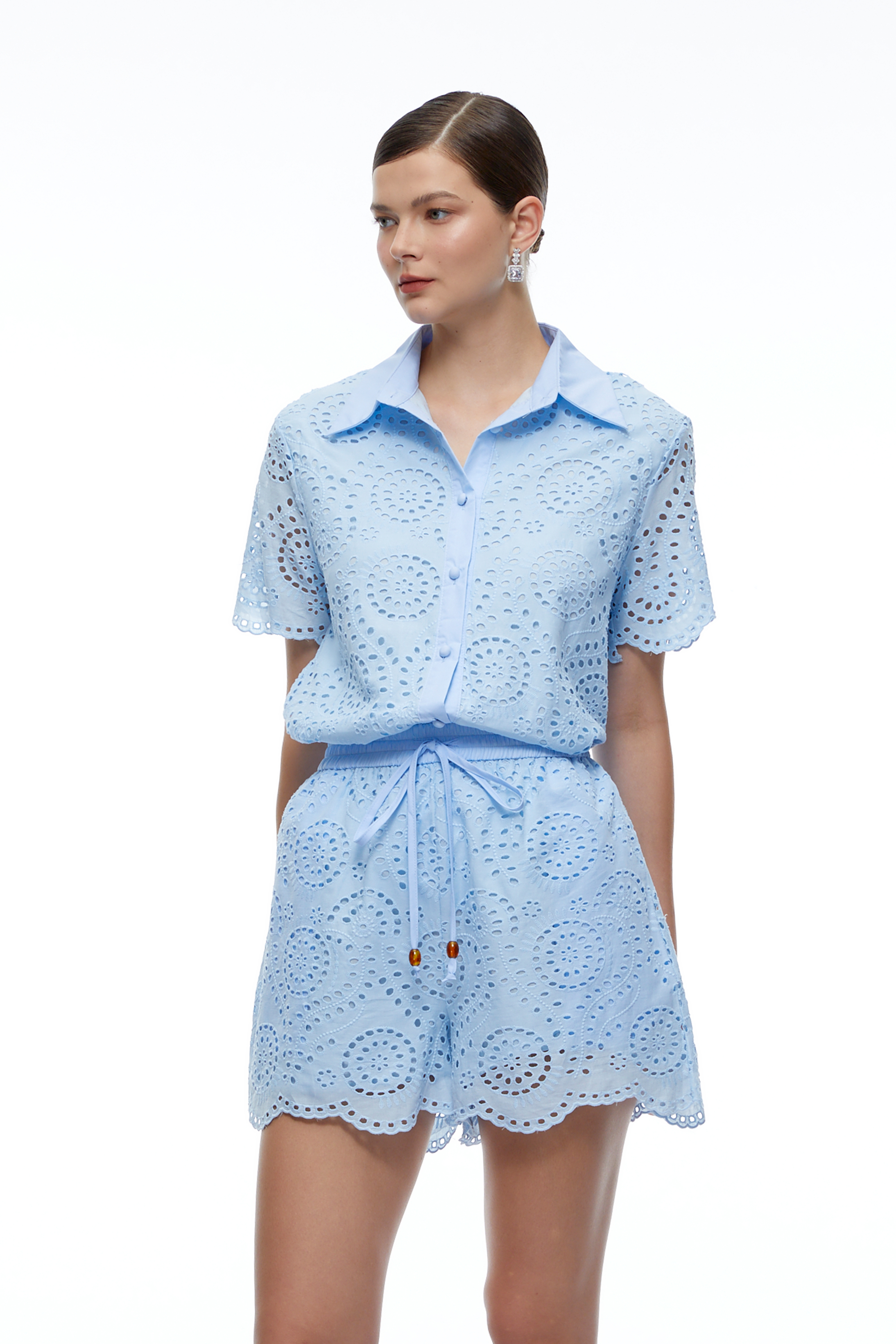 Penelope Blue Eyelet Lace Short Sleeve Top & Shorts Set