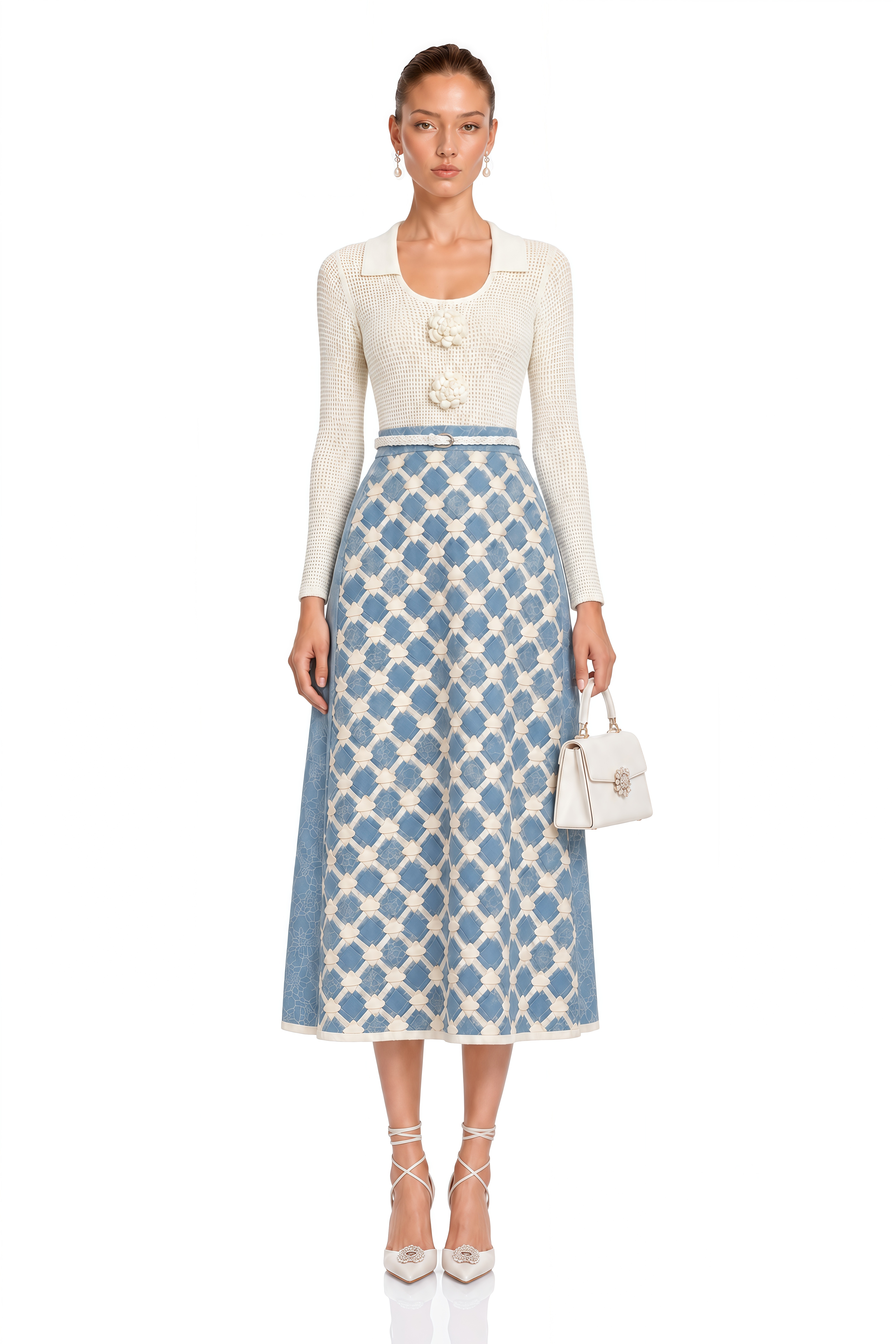 Penelope Blue Knit Midi Dress with 3D Florals