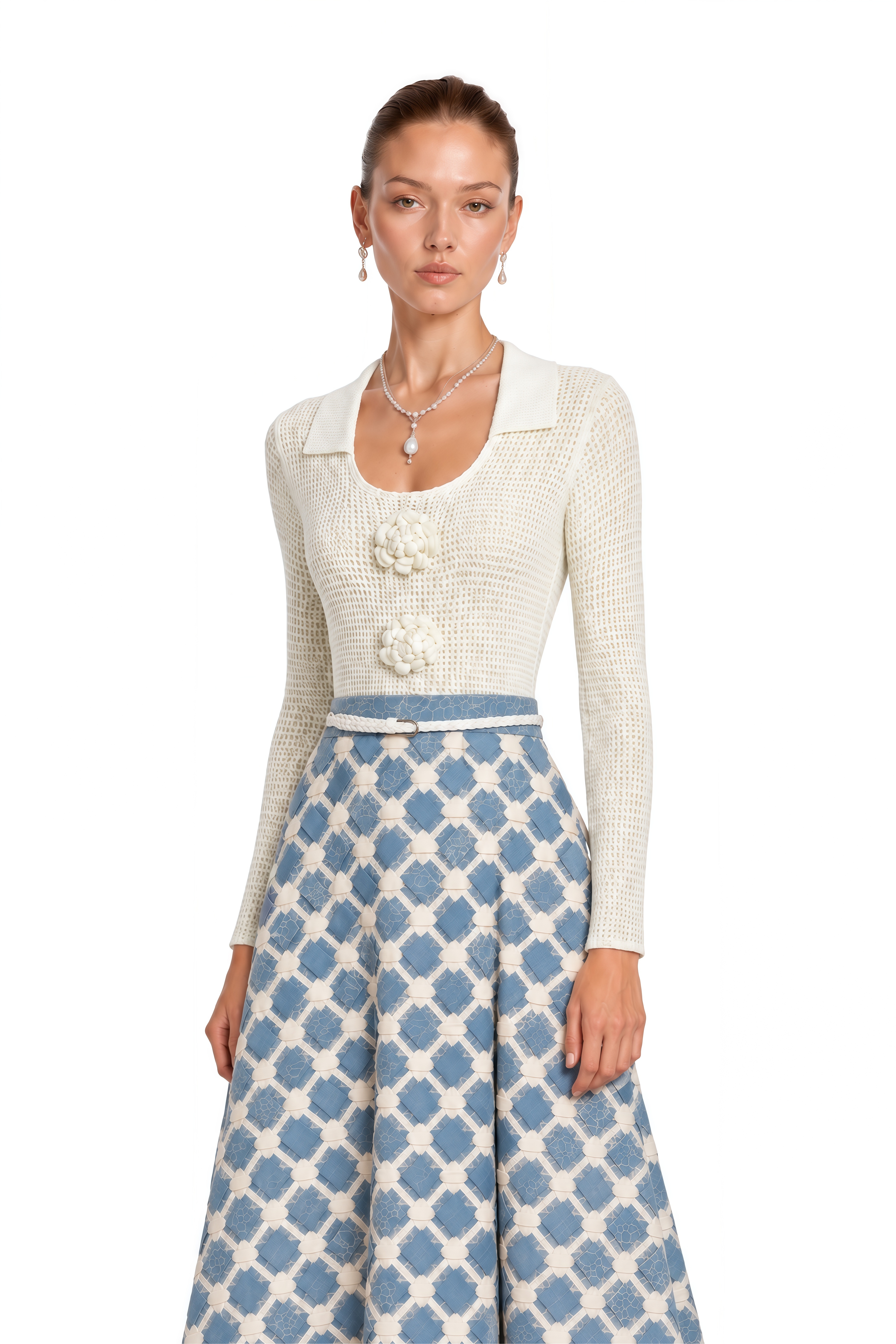 Penelope Blue Knit Midi Dress with 3D Florals