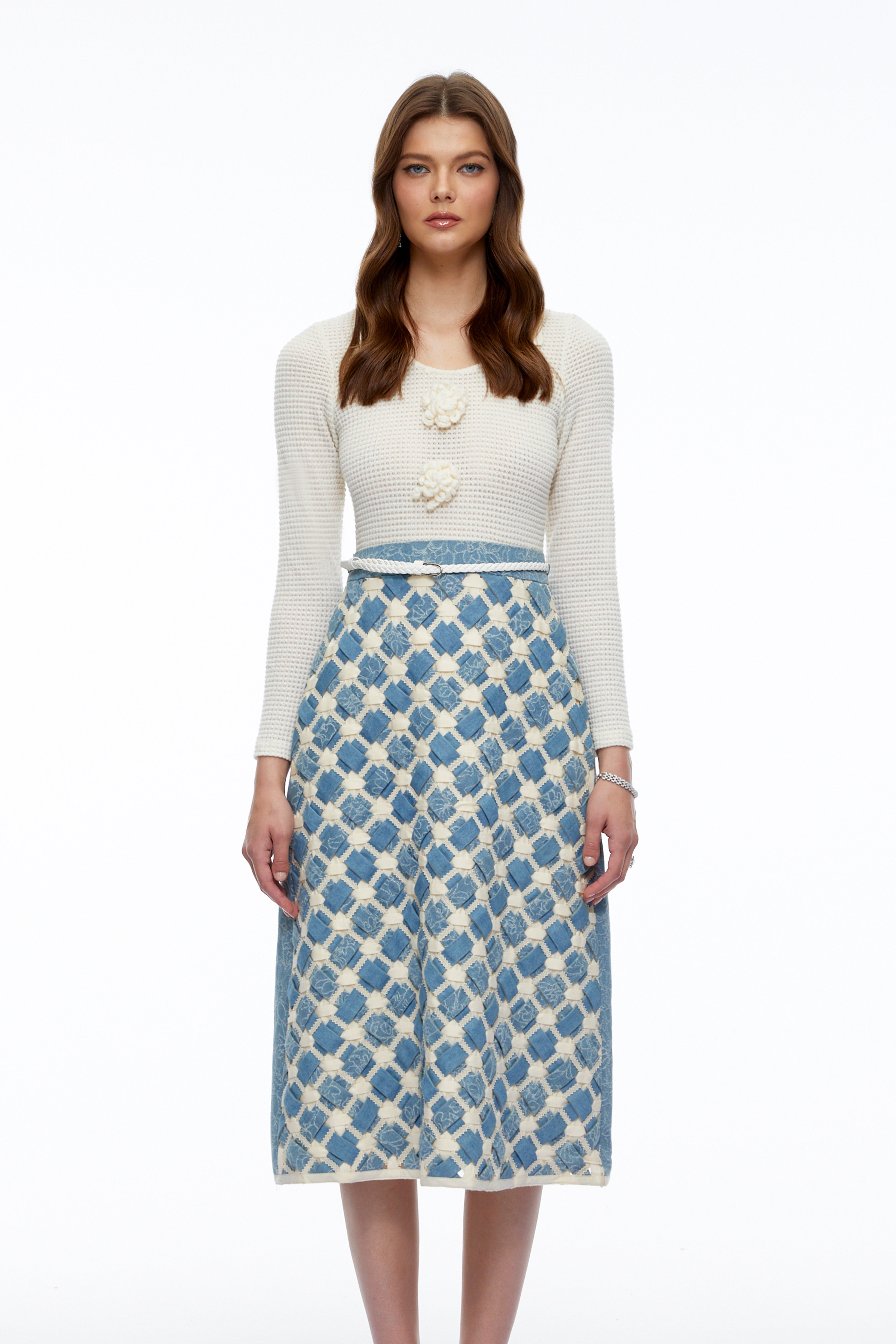 Penelope Blue Knit Midi Dress with 3D Florals