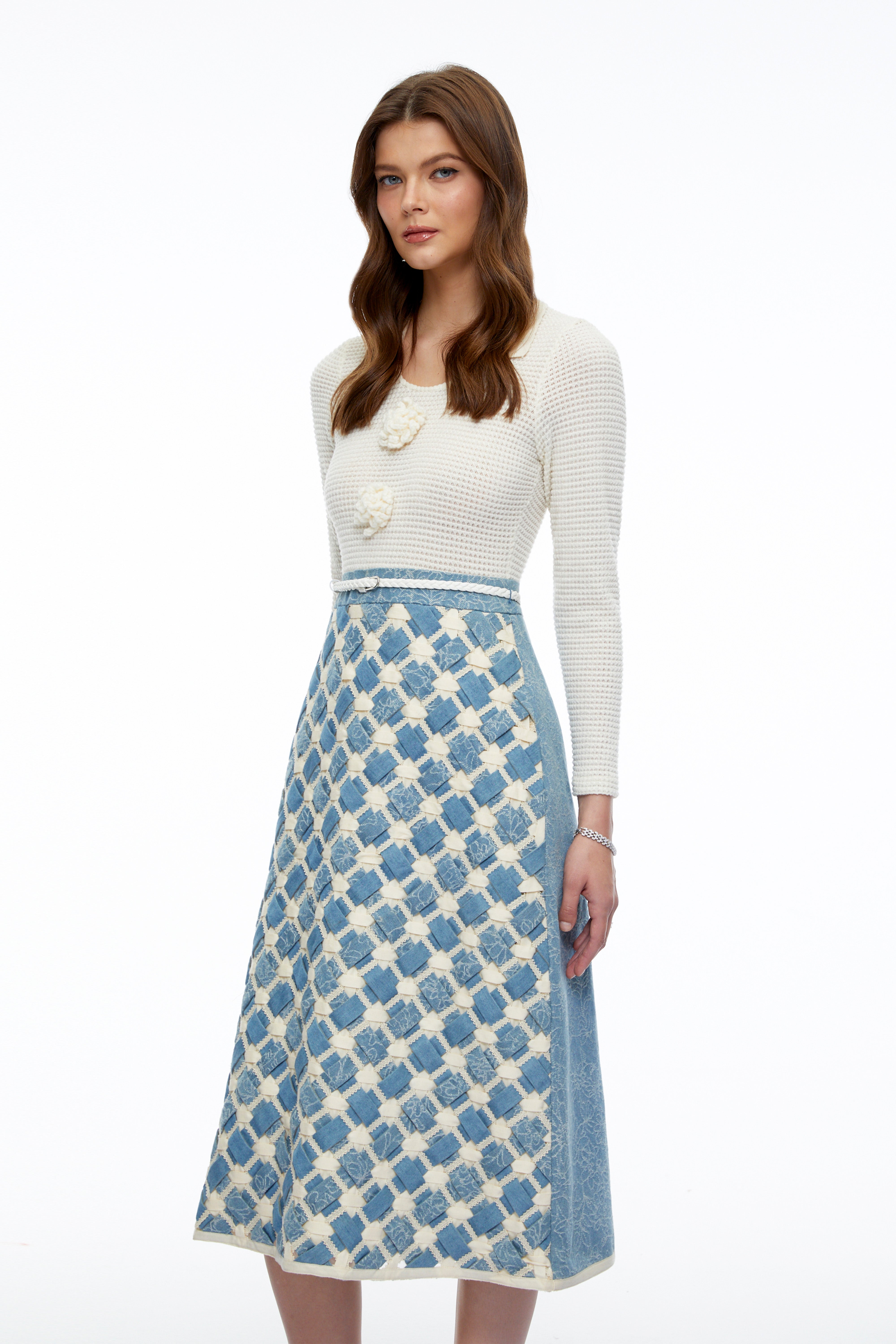 Penelope Blue Knit Midi Dress with 3D Florals