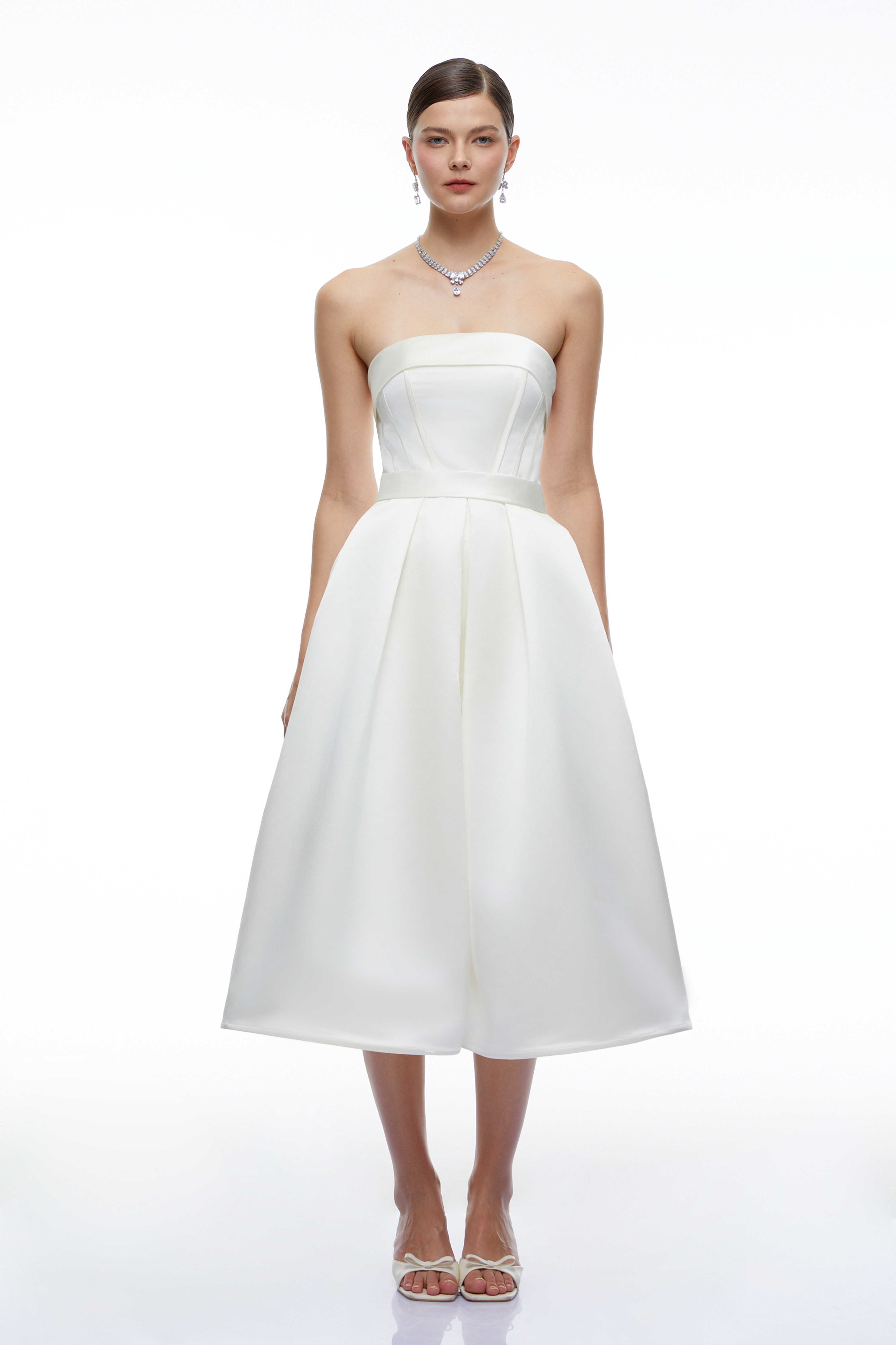Perdita White Strapless Structured Satin Midi Dress