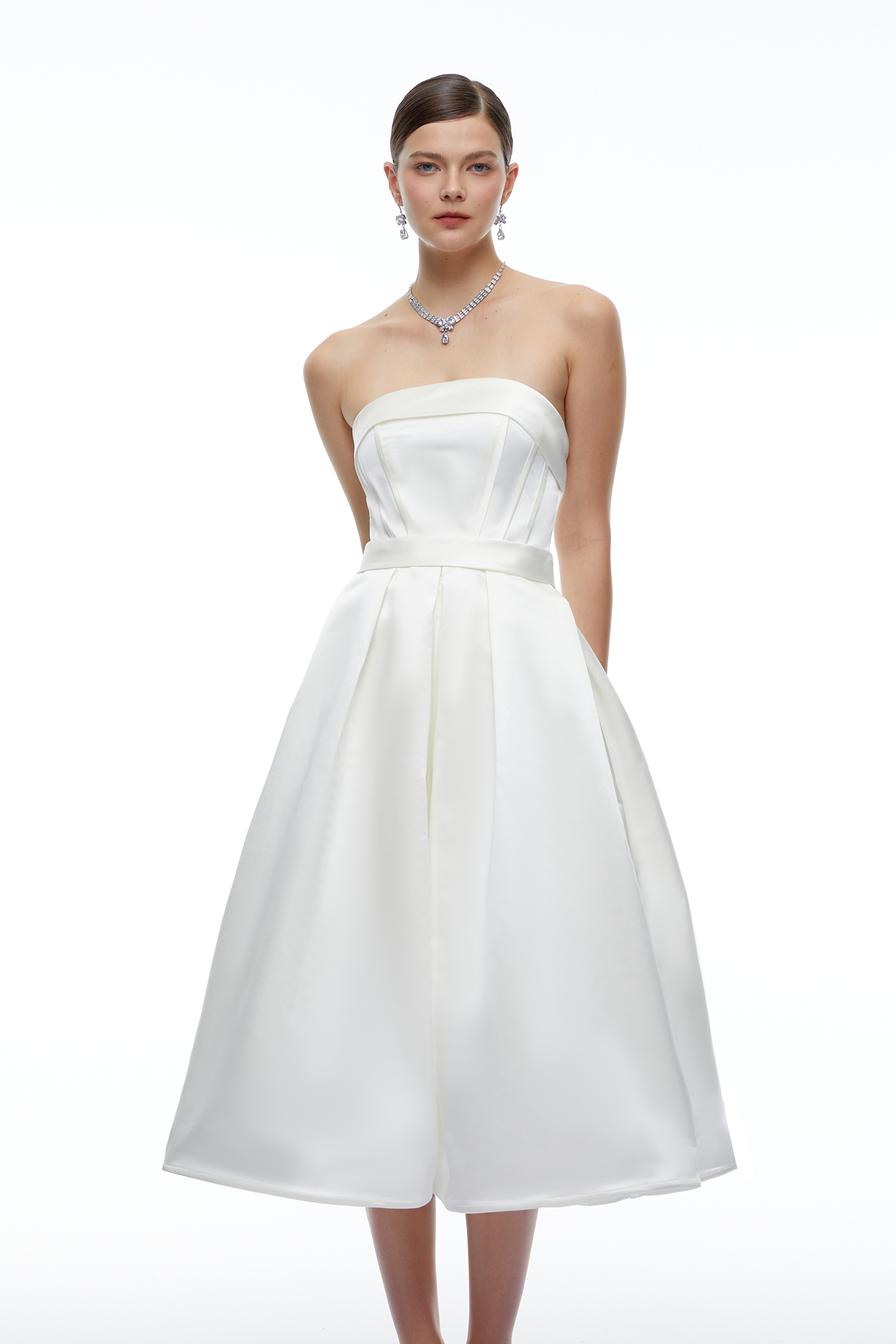 Perdita White Strapless Structured Satin Midi Dress