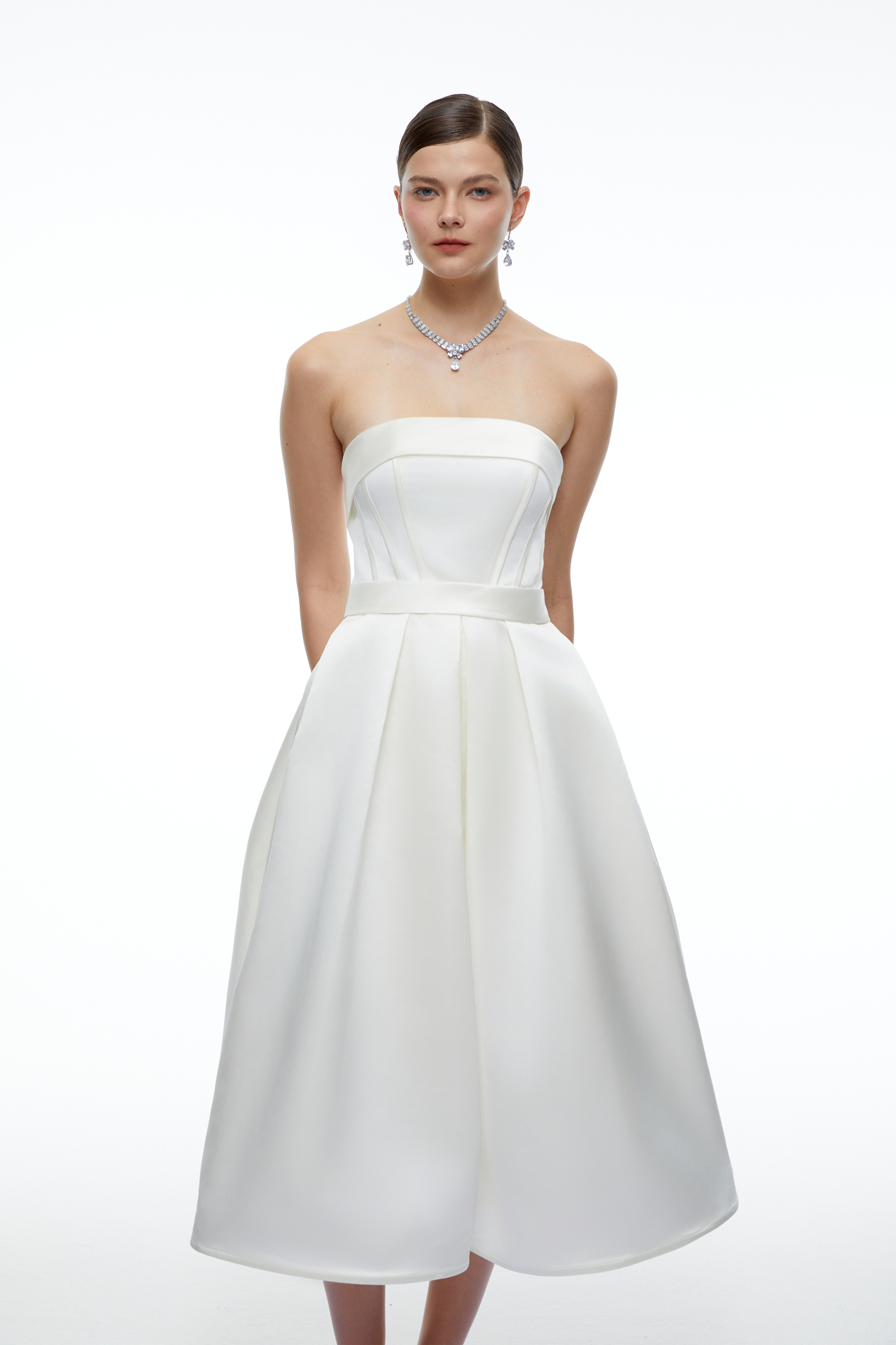 Perdita White Strapless Structured Satin Midi Dress