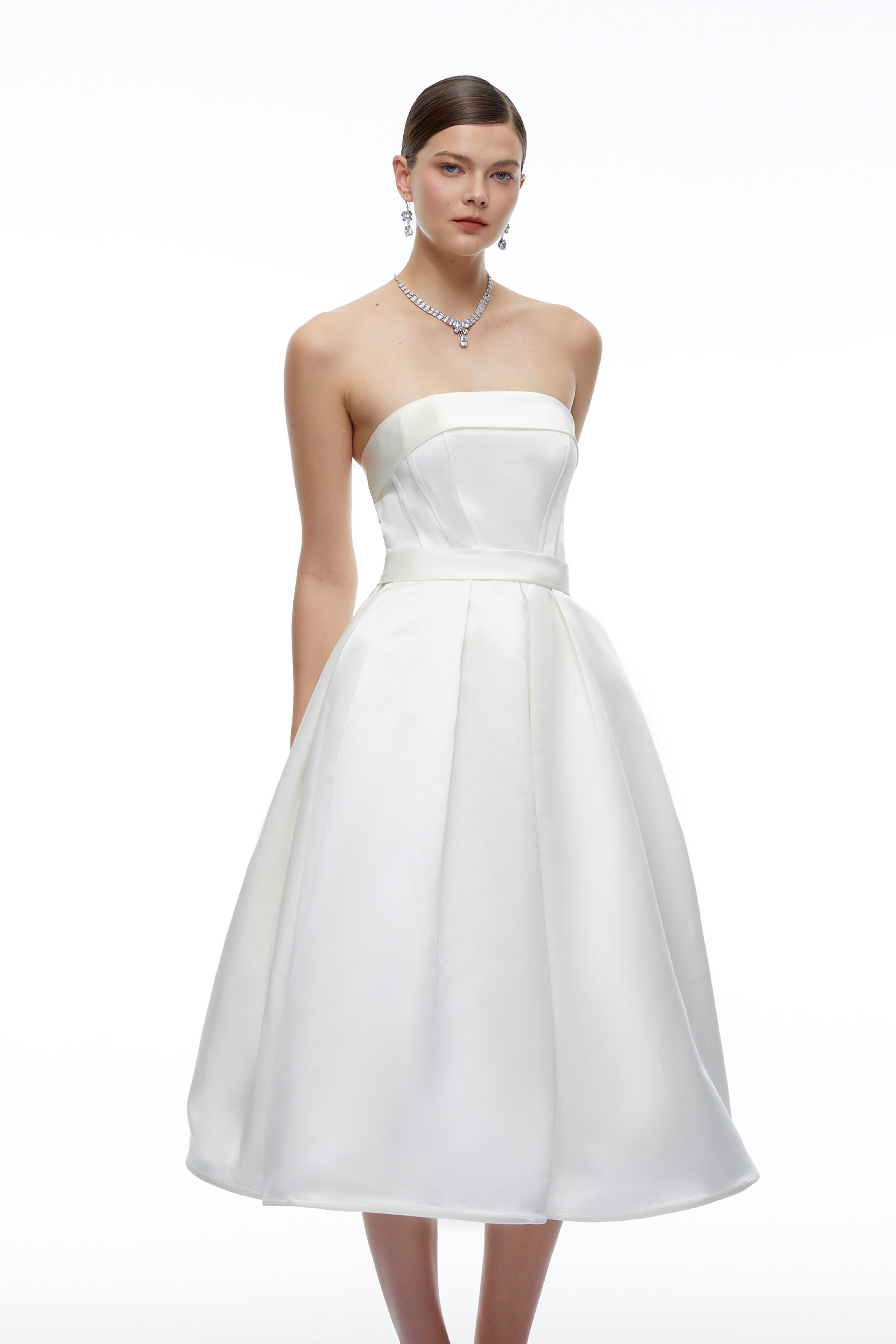 Perdita White Strapless Structured Satin Midi Dress