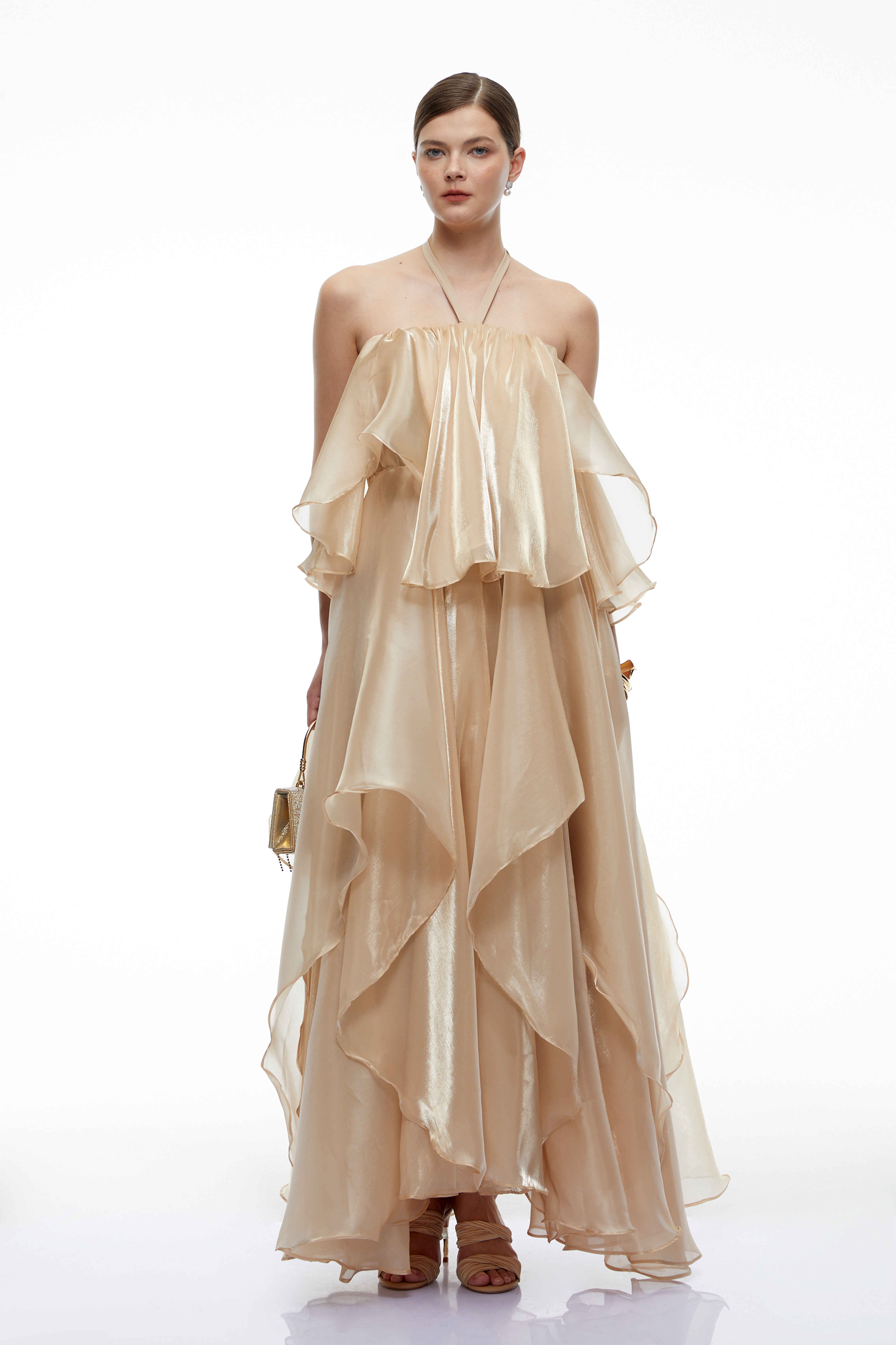 Petra Neutral Halterneck Layered Ruffle Maxi Dress