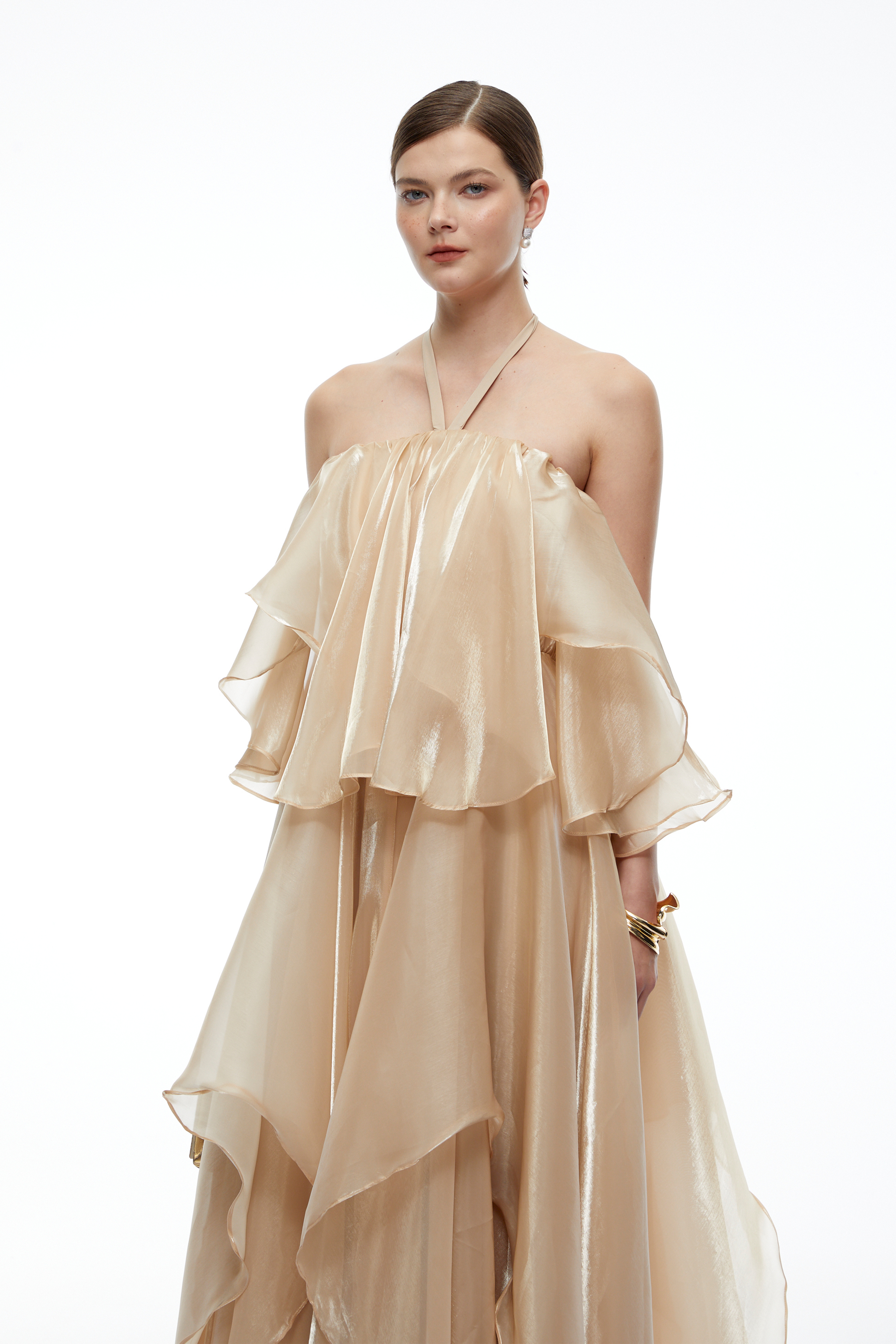 Petra Neutral Halterneck Layered Ruffle Maxi Dress