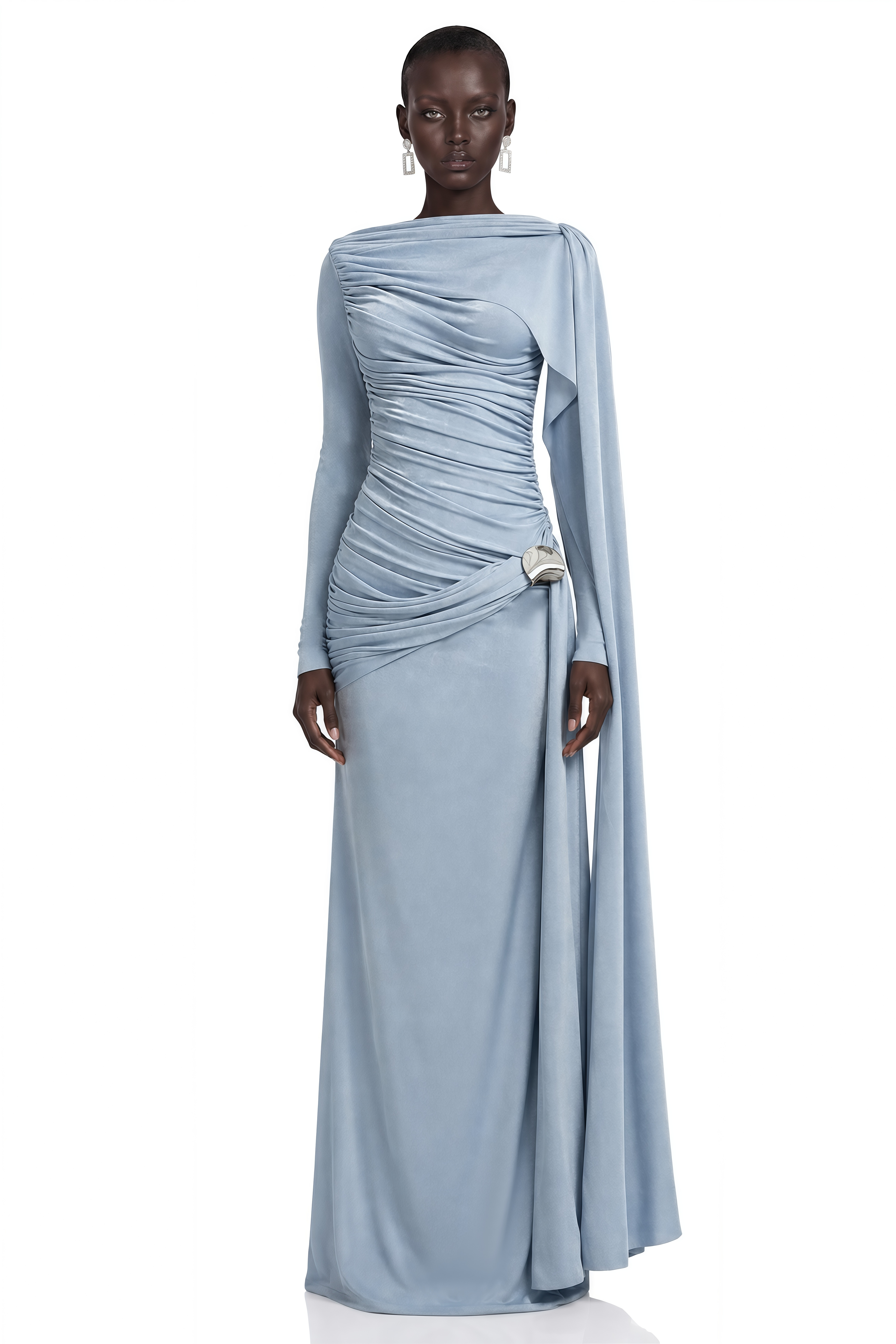 Phoebe Blue Long Sleeves Ruched Draped Maxi Dress