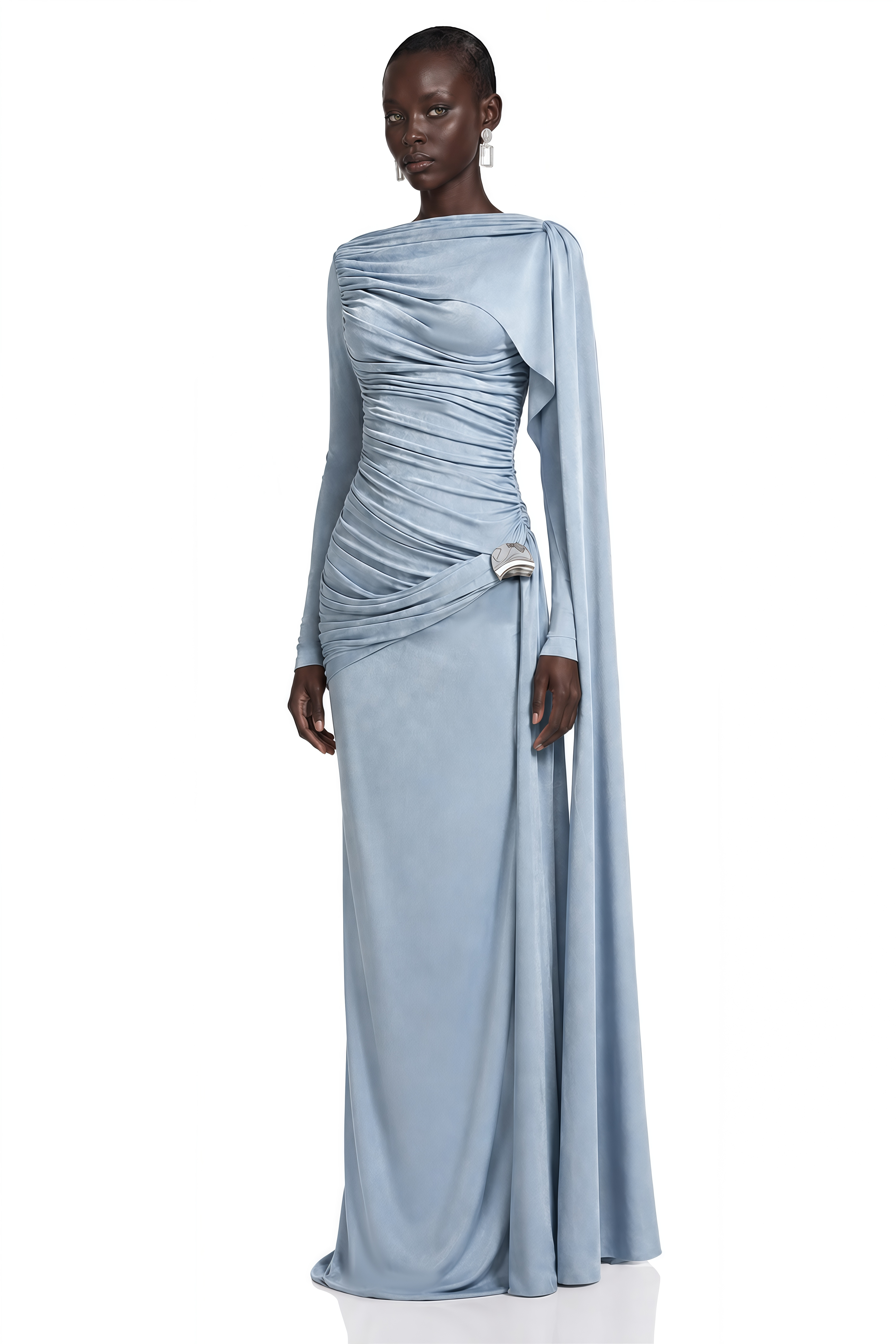 Phoebe Blue Long Sleeves Ruched Draped Maxi Dress