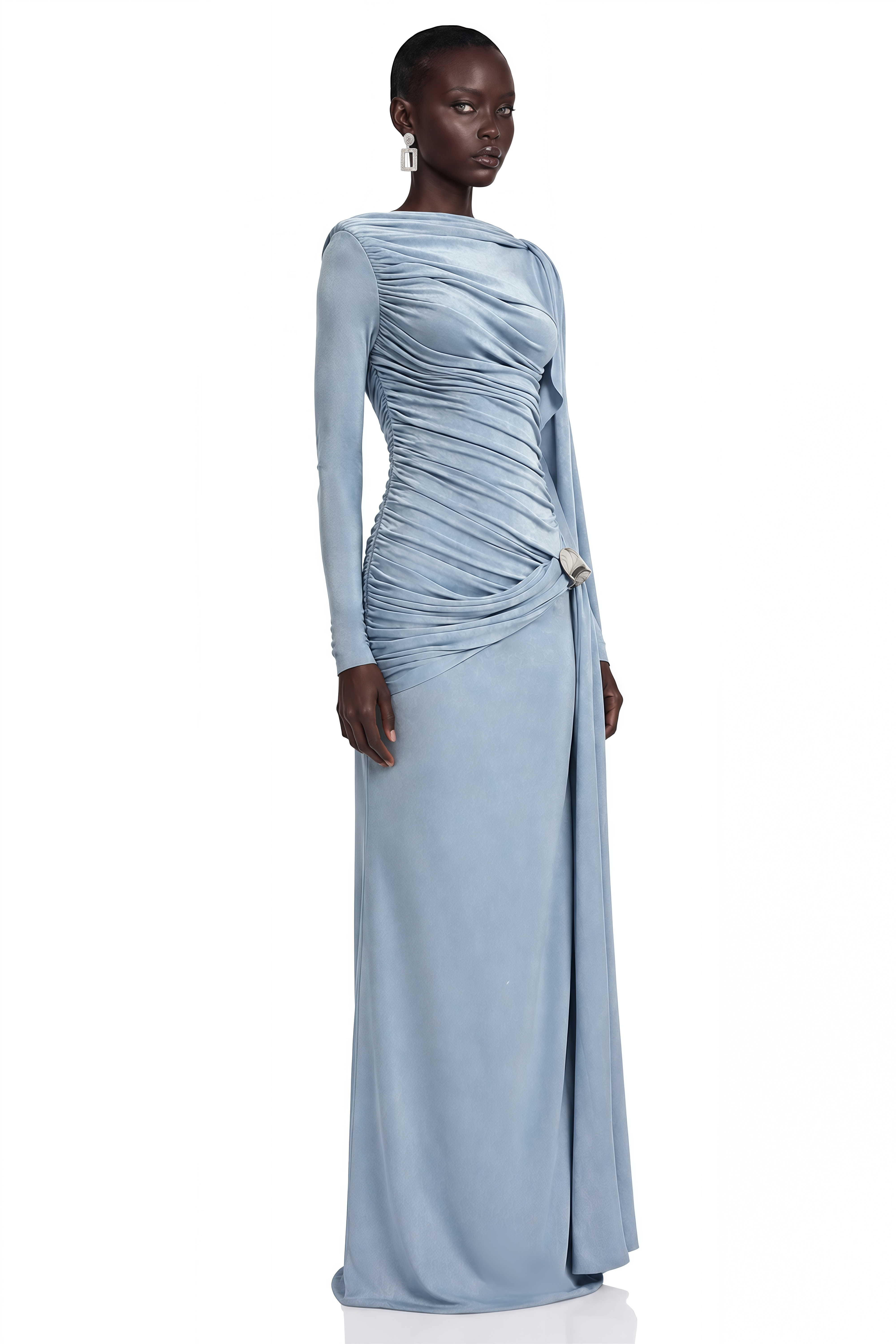 Phoebe Blue Long Sleeves Ruched Draped Maxi Dress