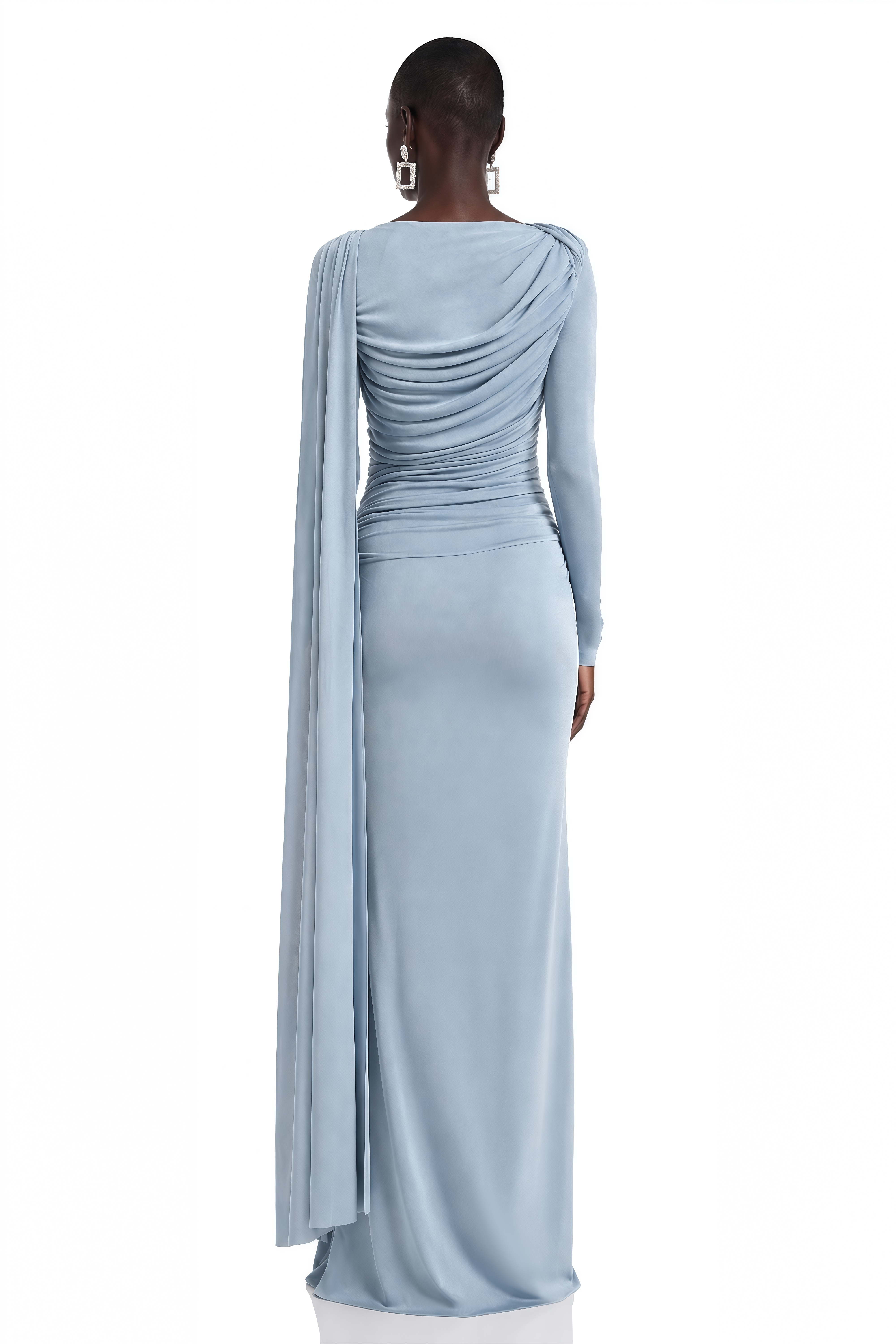 Phoebe Blue Long Sleeves Ruched Draped Maxi Dress
