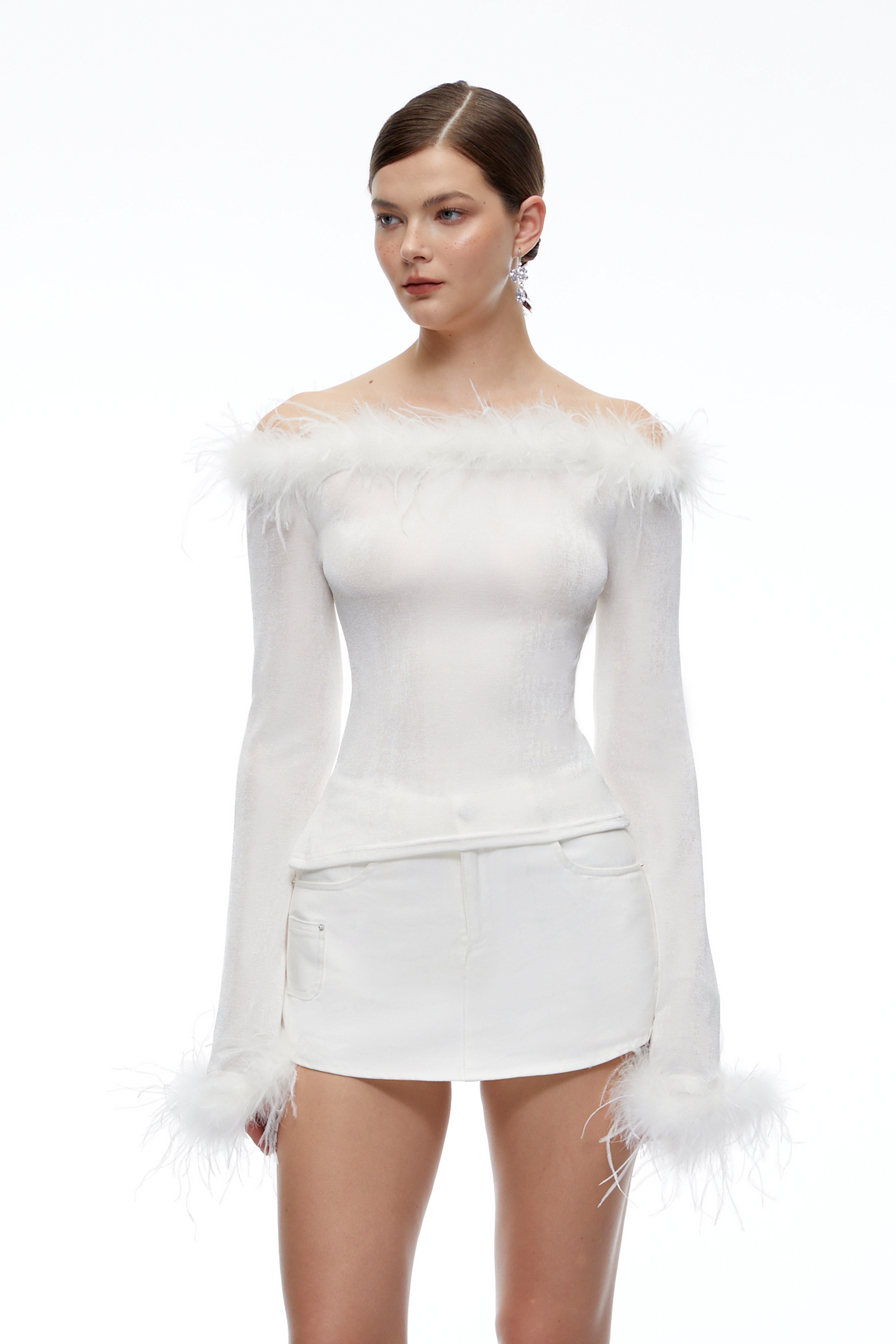 Phoebe White Feather Trim Off-shoulder Long Sleeve Top
