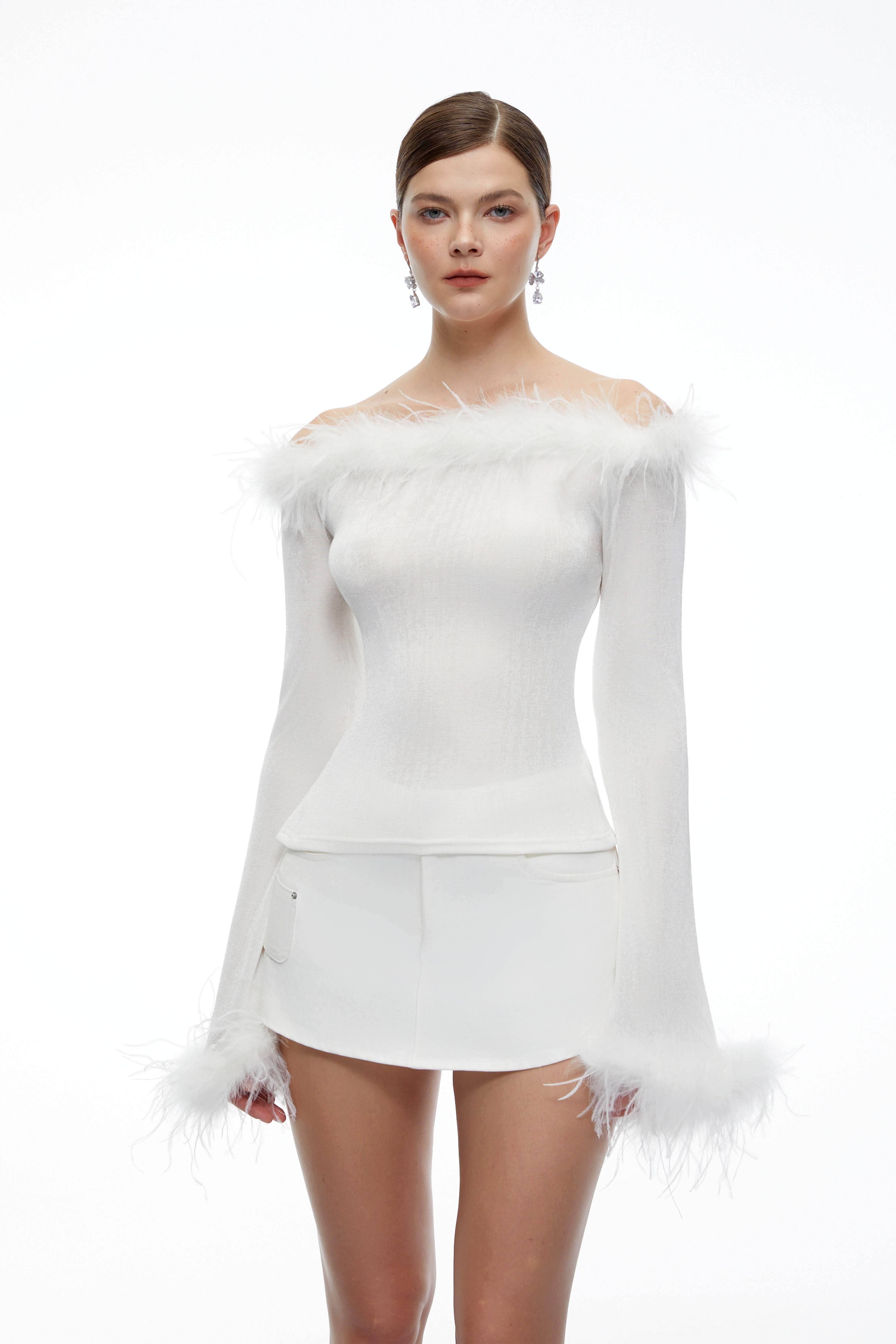 Phoebe White Feather Trim Off-shoulder Top