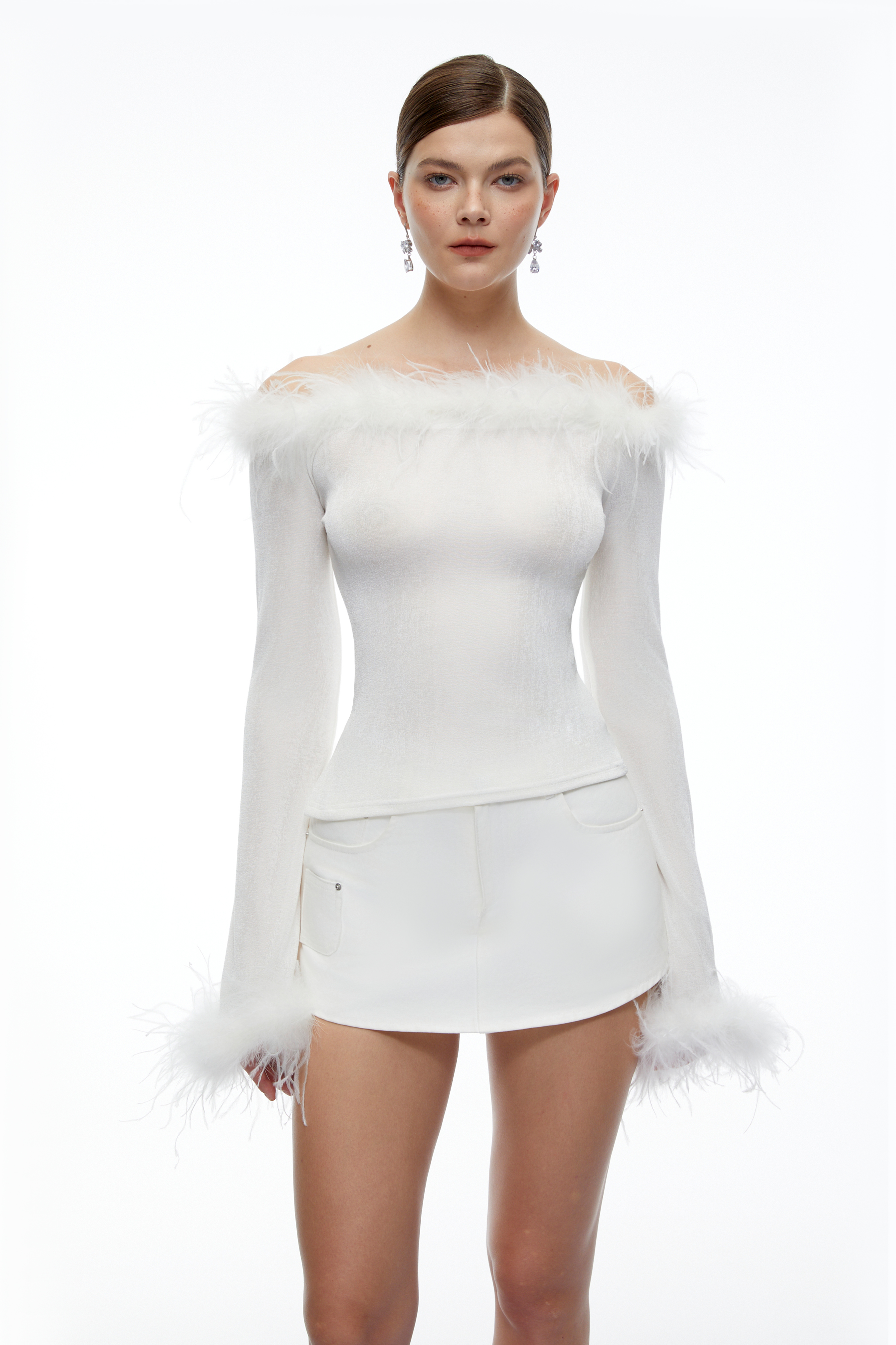 Phoebe White Feather Trim Off-shoulder Top