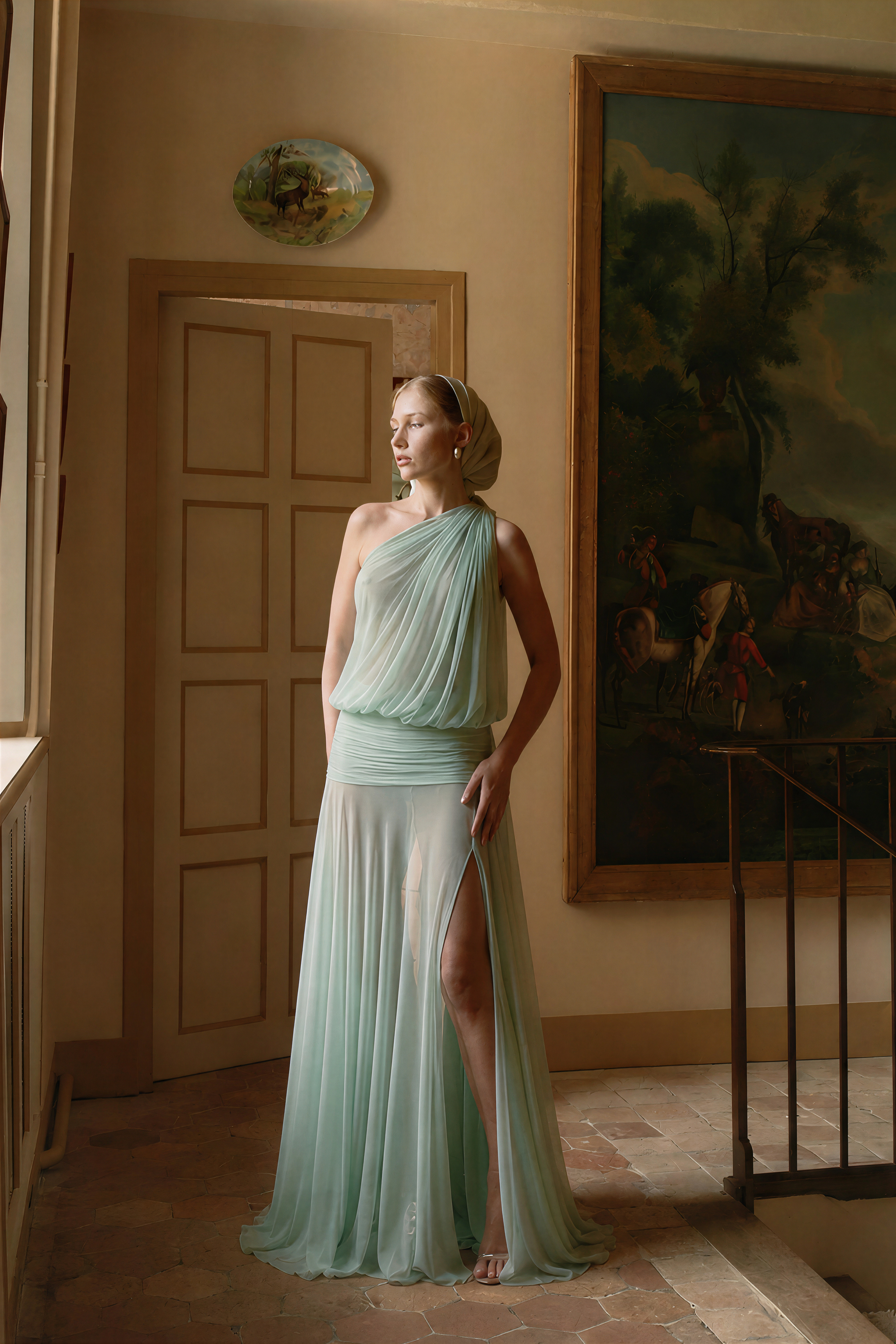 Pippa Green One Shoulder Pleated Maxi Dress