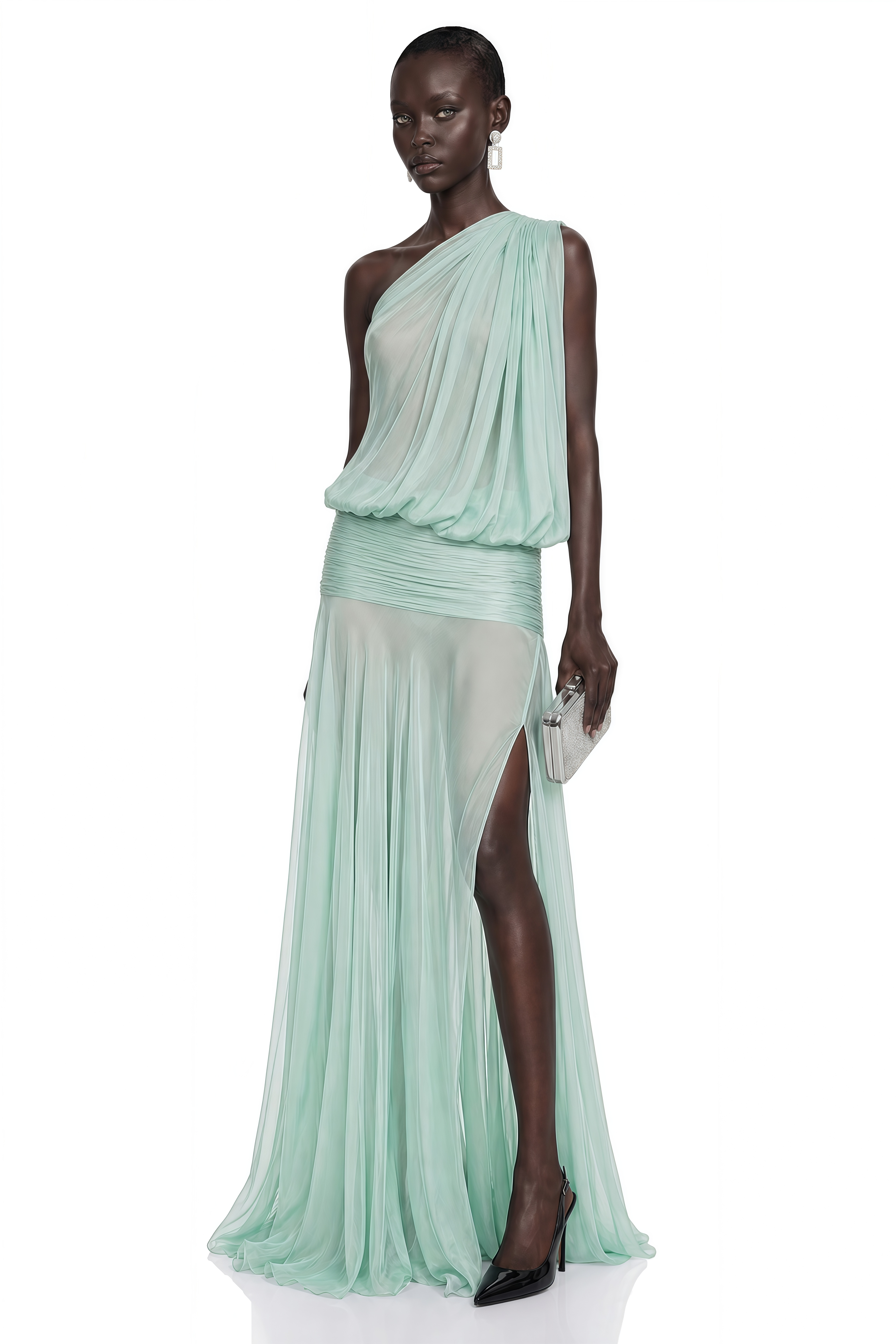 Mint green one-shoulder mesh maxi dress with a draped bodice and a high thigh slit