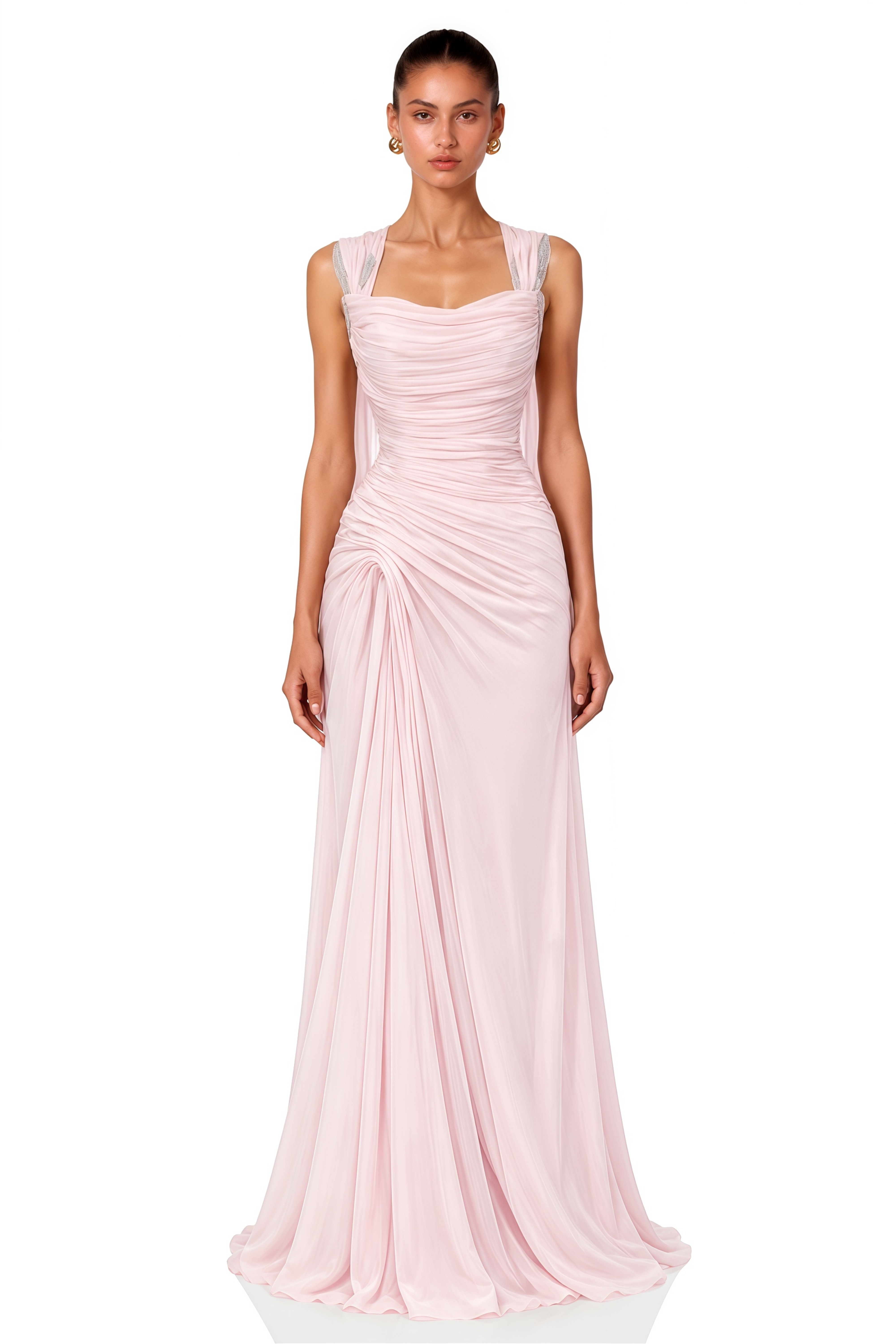Pollie Pink Off-Shoulder Ruched Draped Maxi Dress