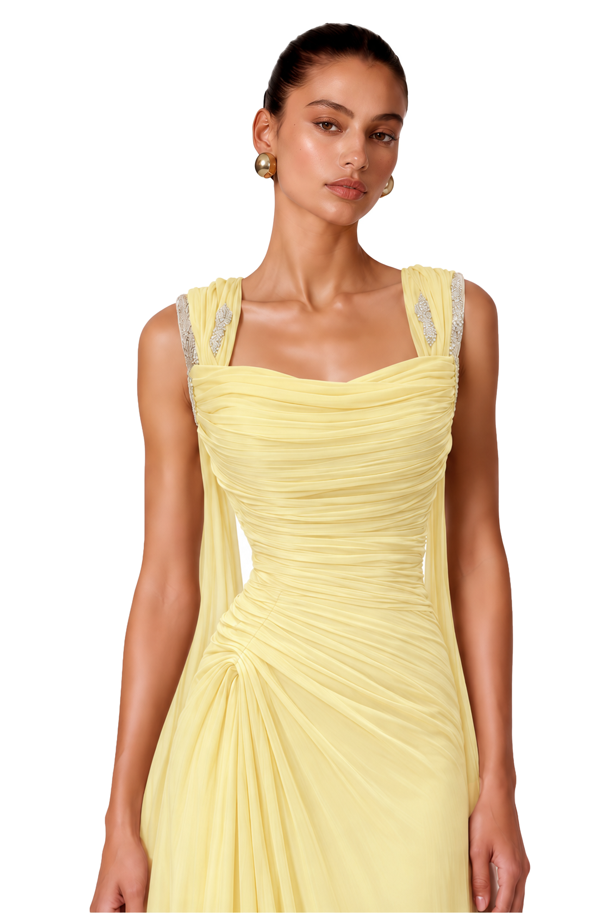 Pollie Yellow Off-Shoulder Ruched Draped Maxi Dress