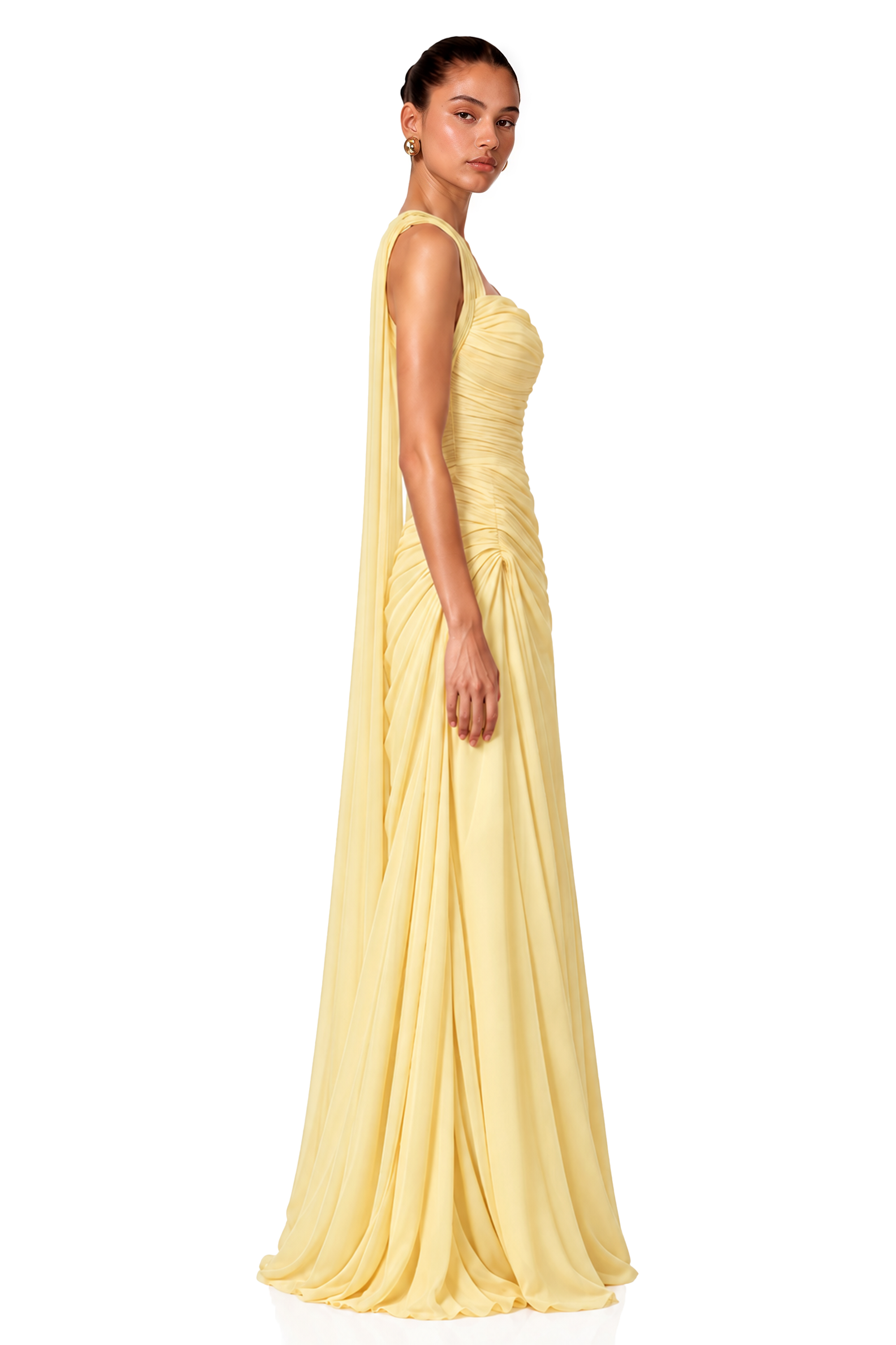Pollie Yellow Off-Shoulder Ruched Draped Maxi Dress