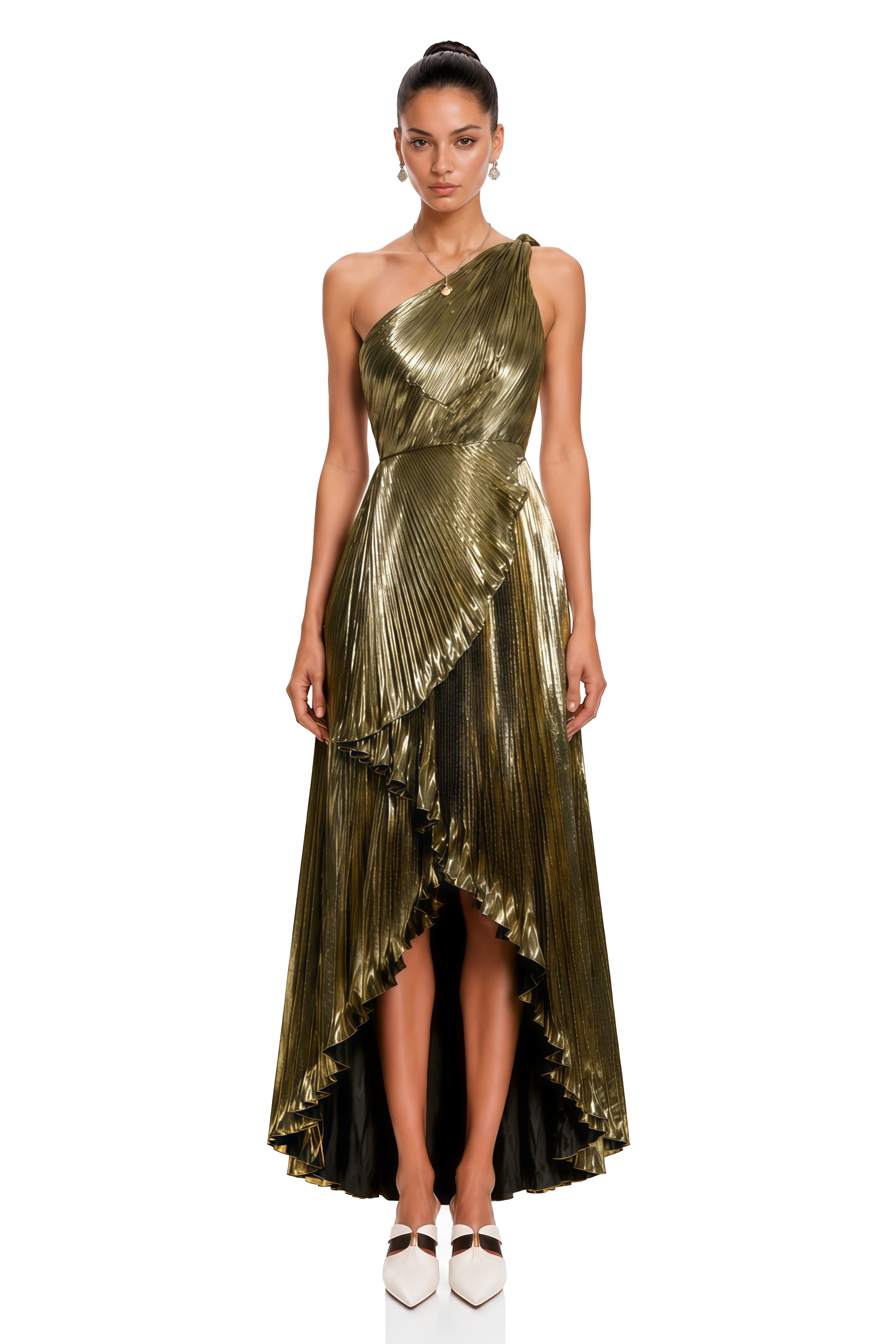 Pomeline Green Metallic One Shoulder High-Low Maxi Dress