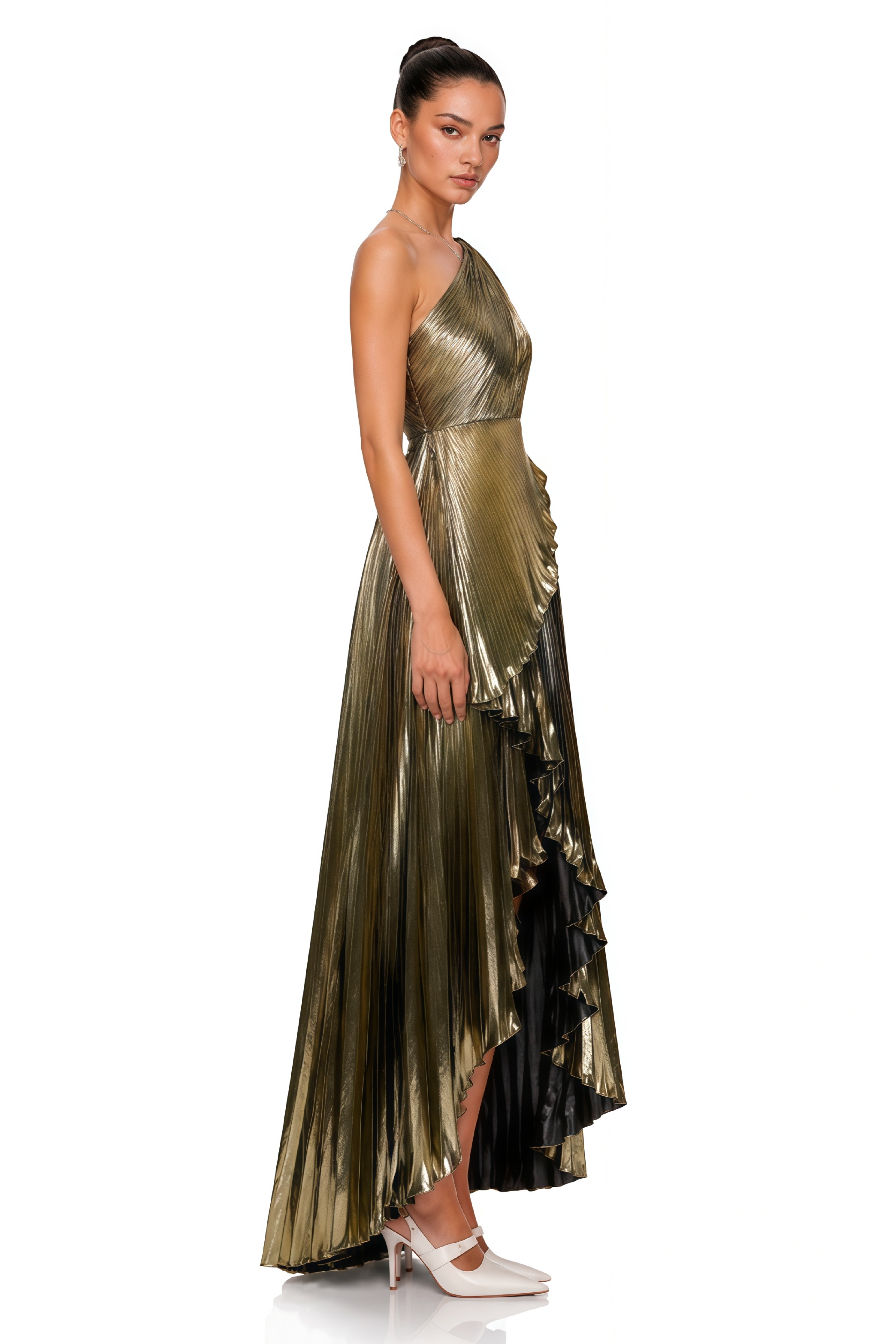 Pomeline Green Metallic One Shoulder High-Low Maxi Dress