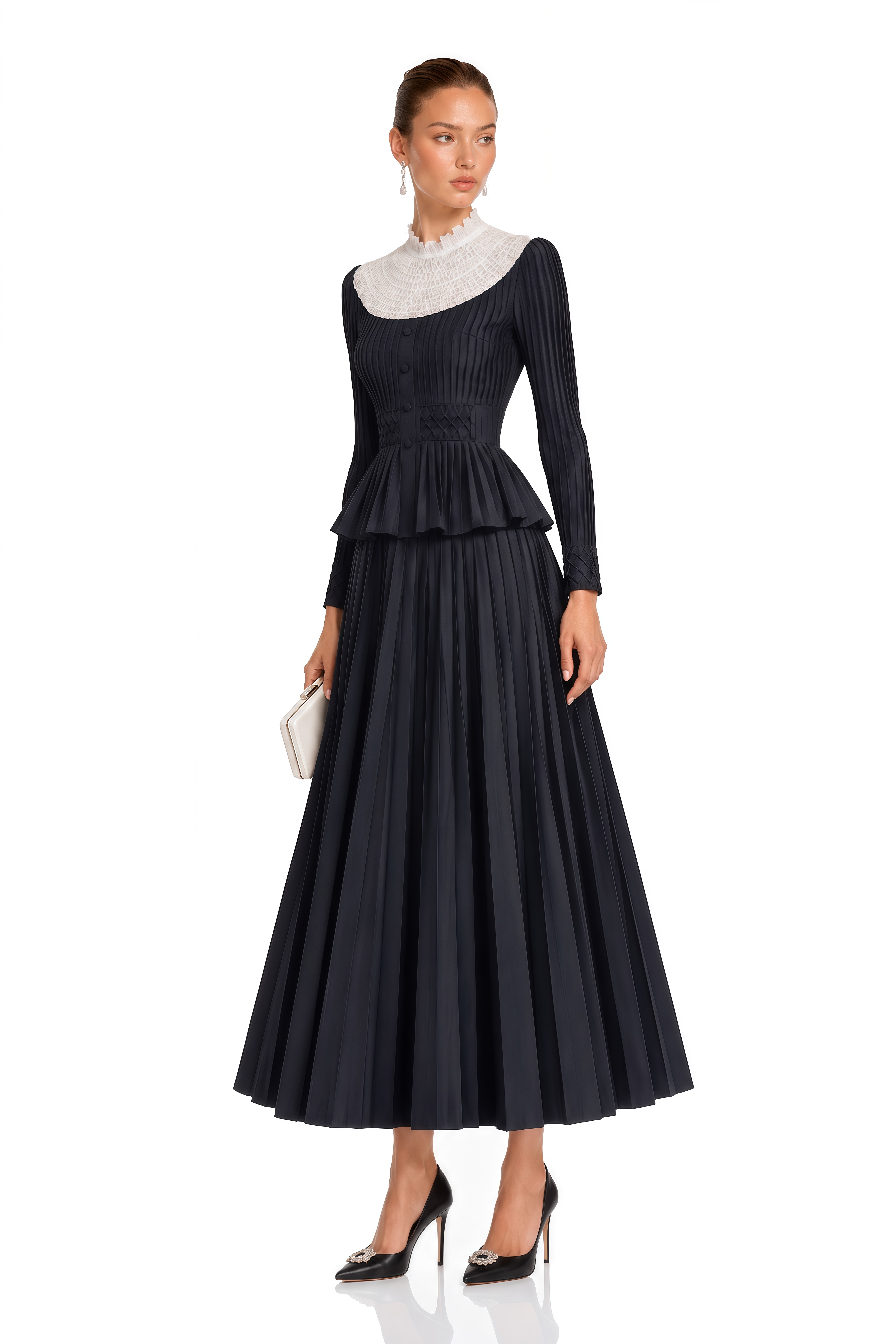 Prairie Black Contrast Collar Pleated Blouse & Skirt Set