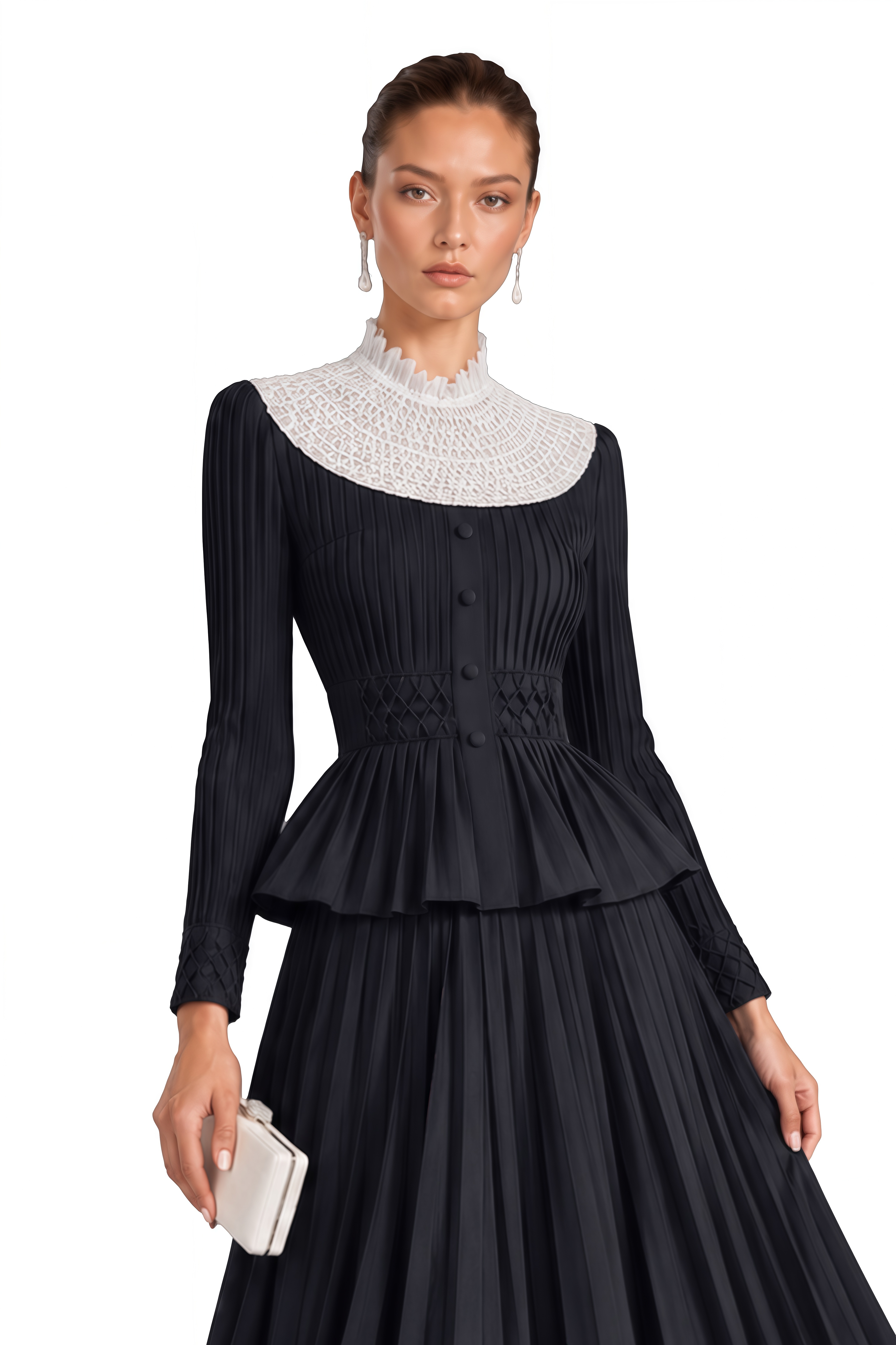 Prairie Black Contrast Collar Pleated Blouse & Skirt Set