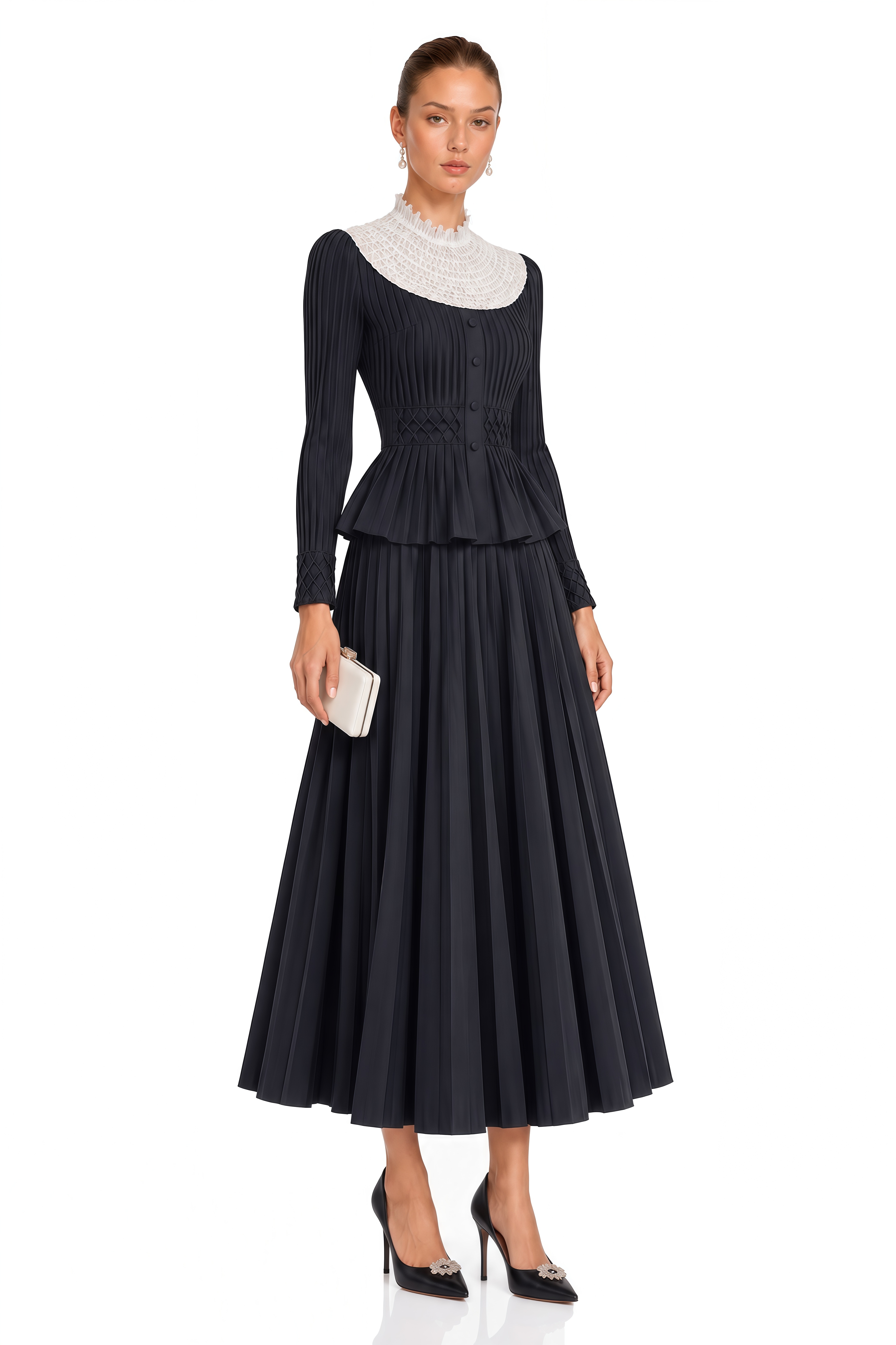 Prairie Black Contrast Collar Pleated Blouse & Skirt Set