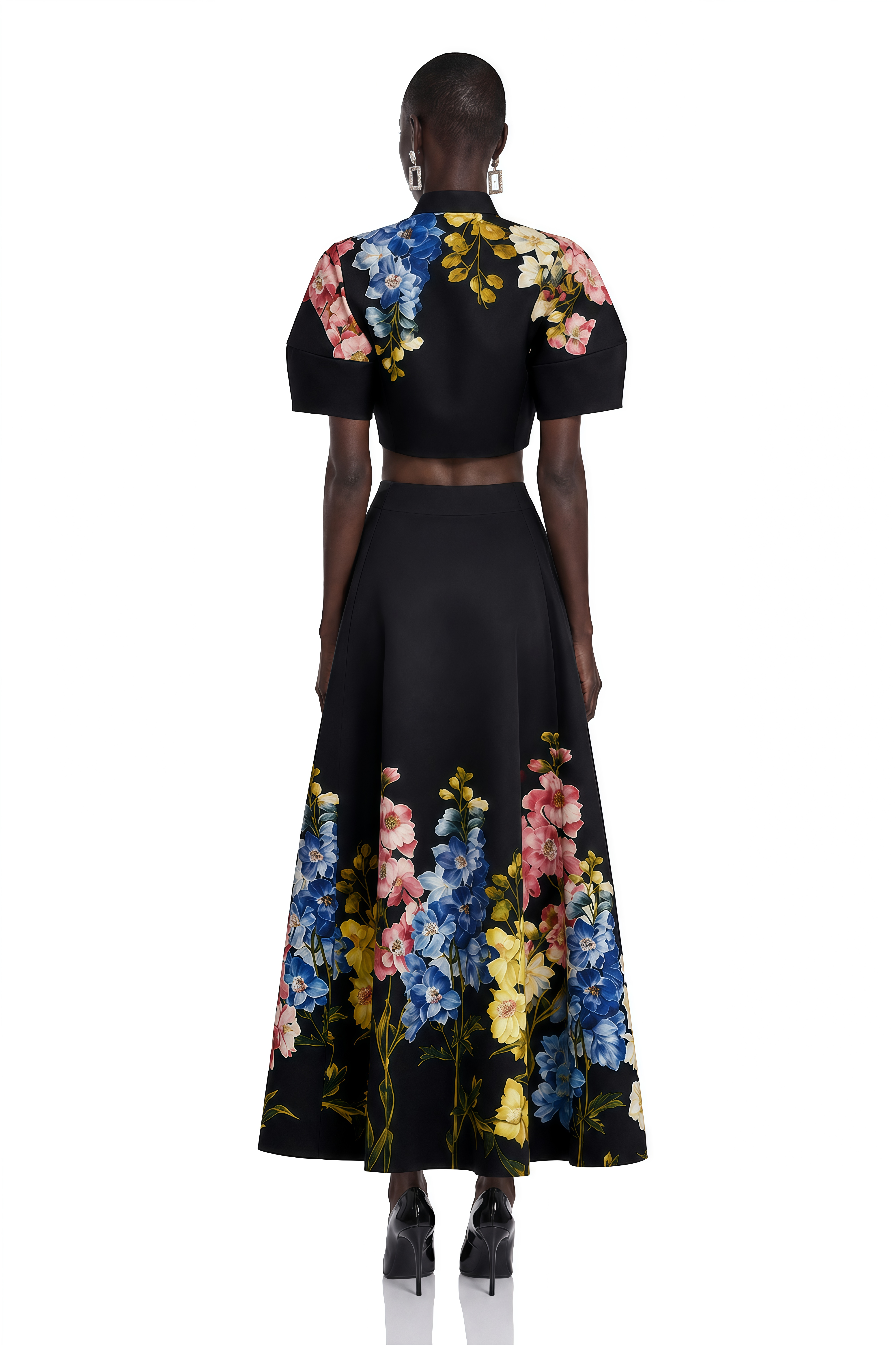 Primrose Black Floral Bow Neck Top & Midi Skirt Set