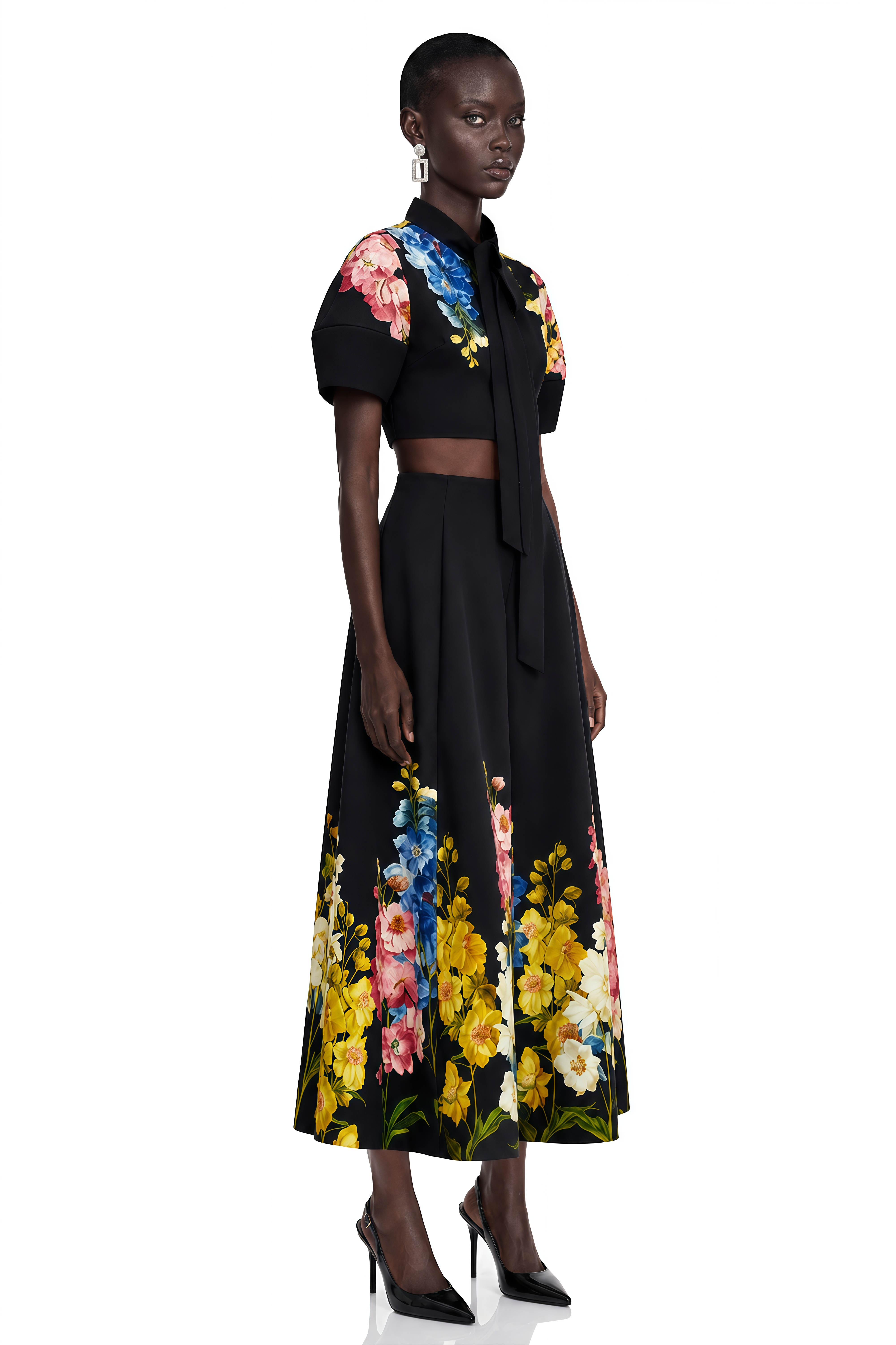 Primrose Black Floral Bow Neck Top & Midi Skirt Set