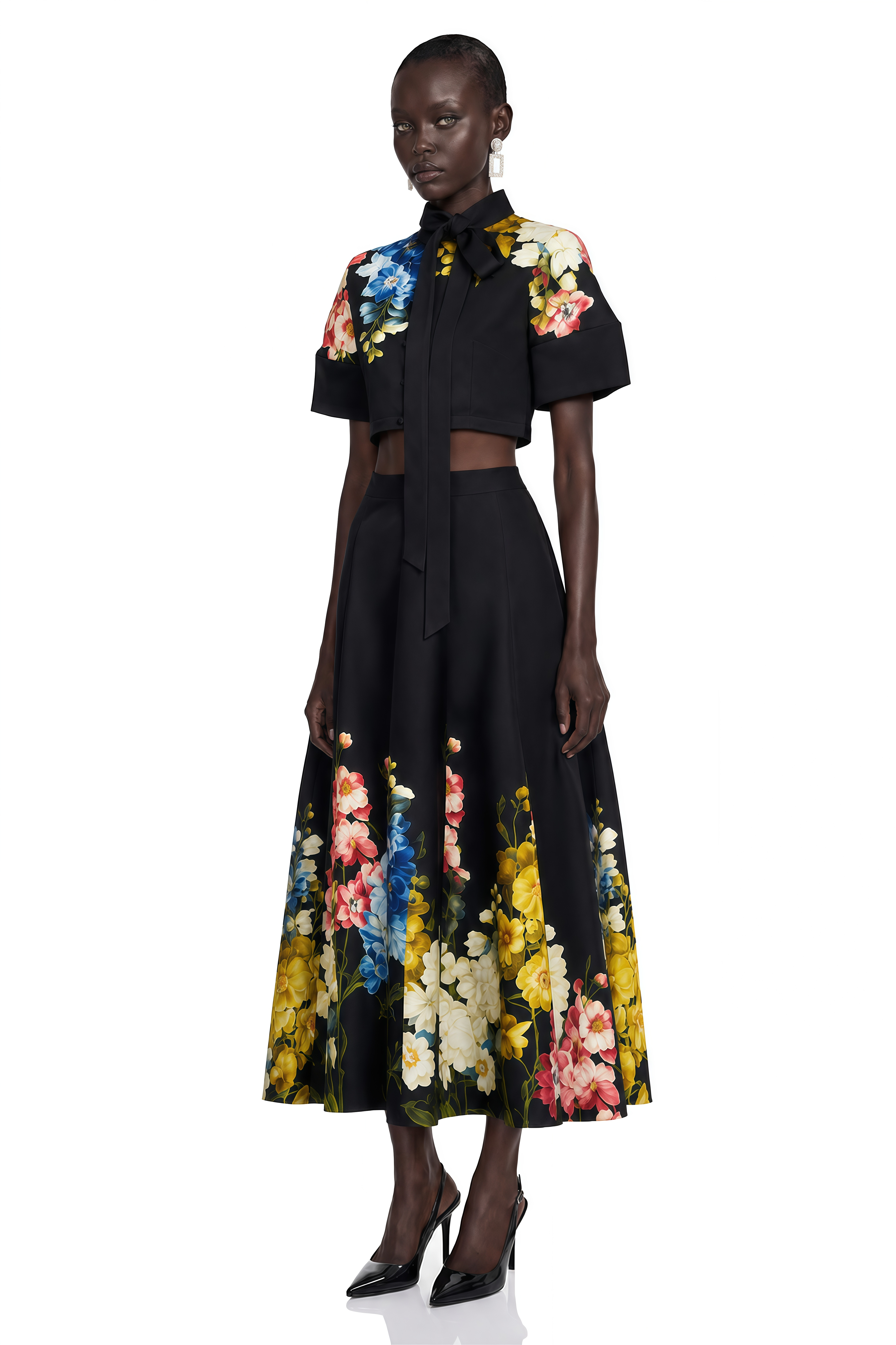 Primrose Black Floral Bow Neck Top & Midi Skirt Set