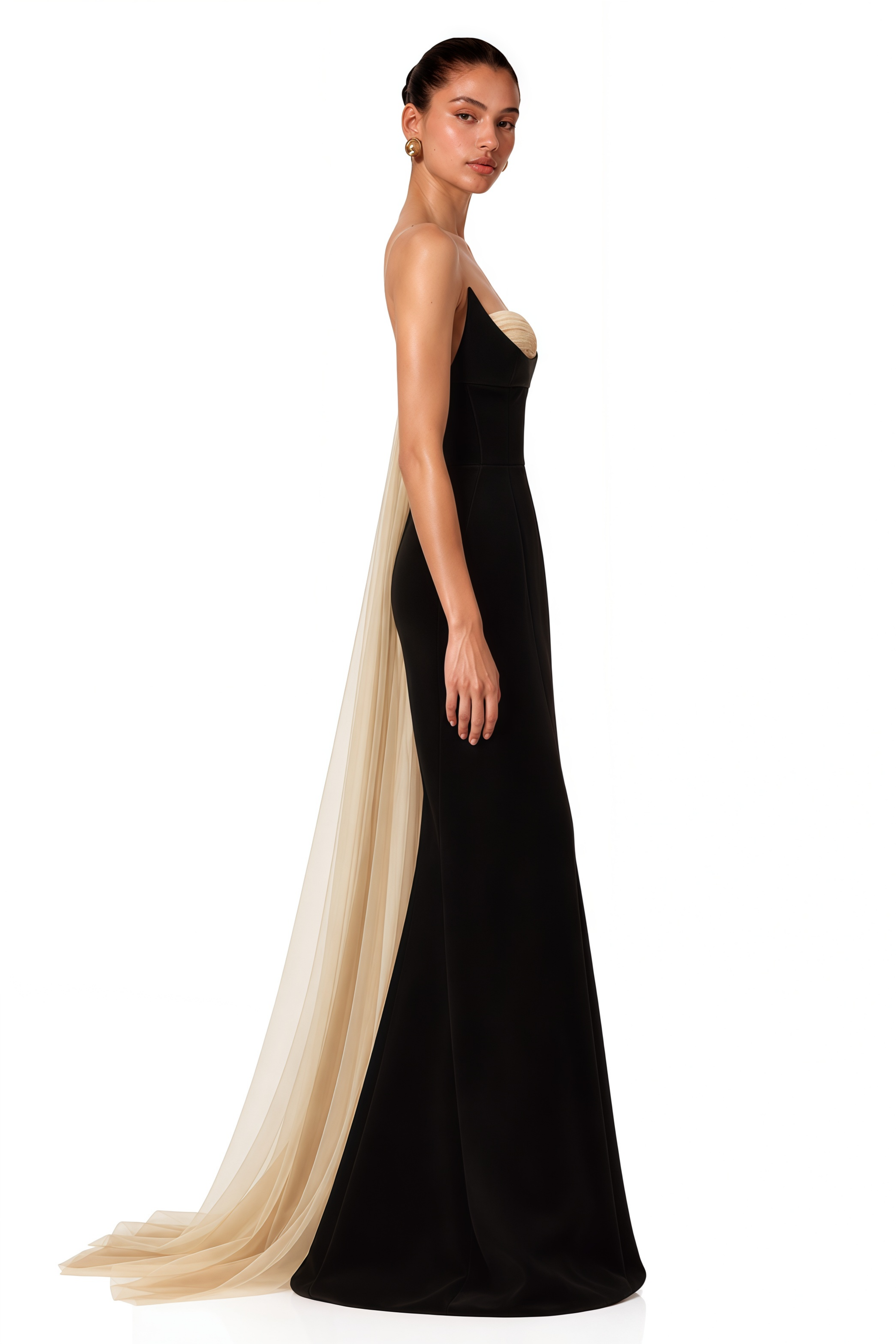 Primrose Black Sculptural Strapless Maxi Gown with Tulle Train