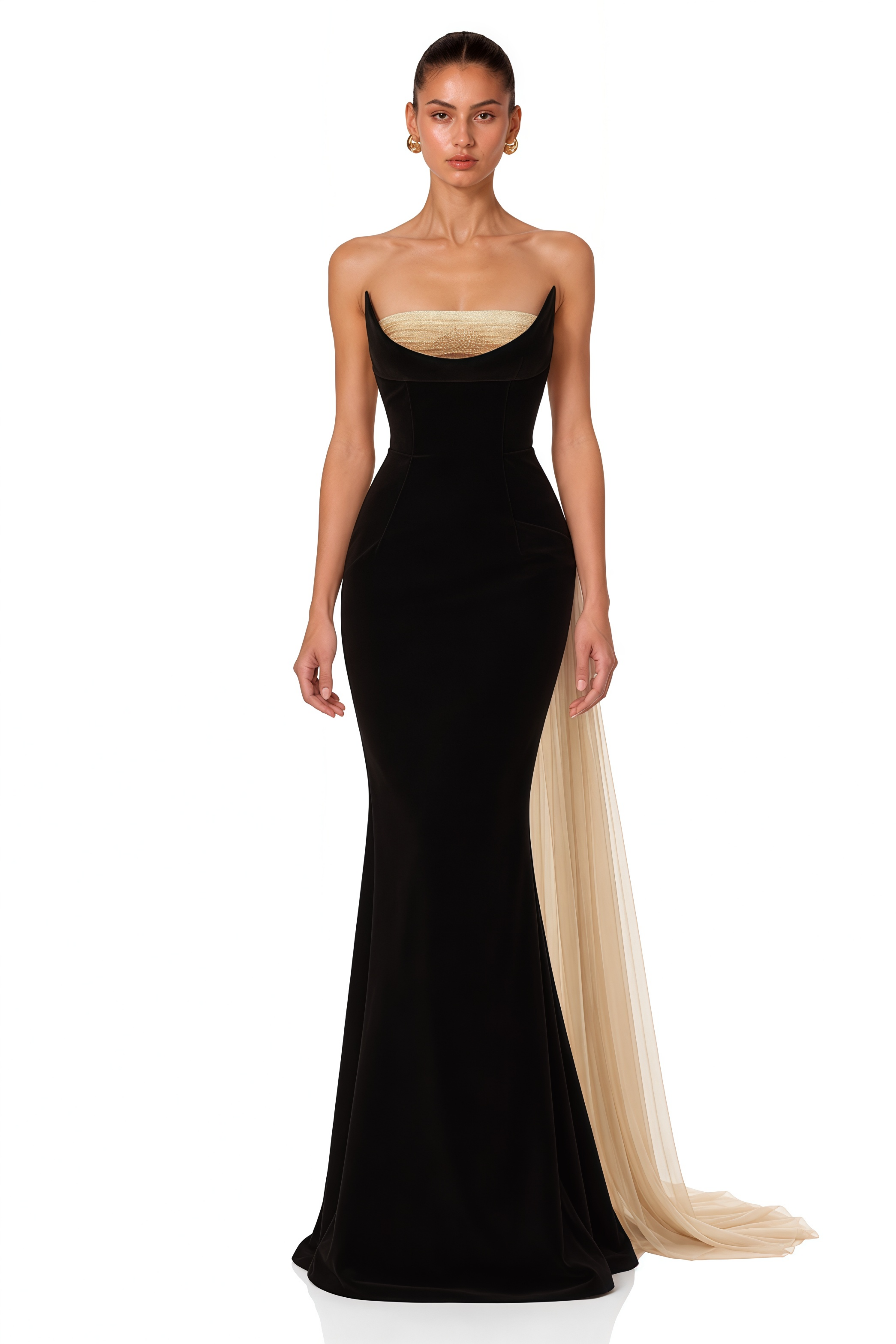 Primrose Black Sculptural Strapless Maxi Gown with Tulle Train