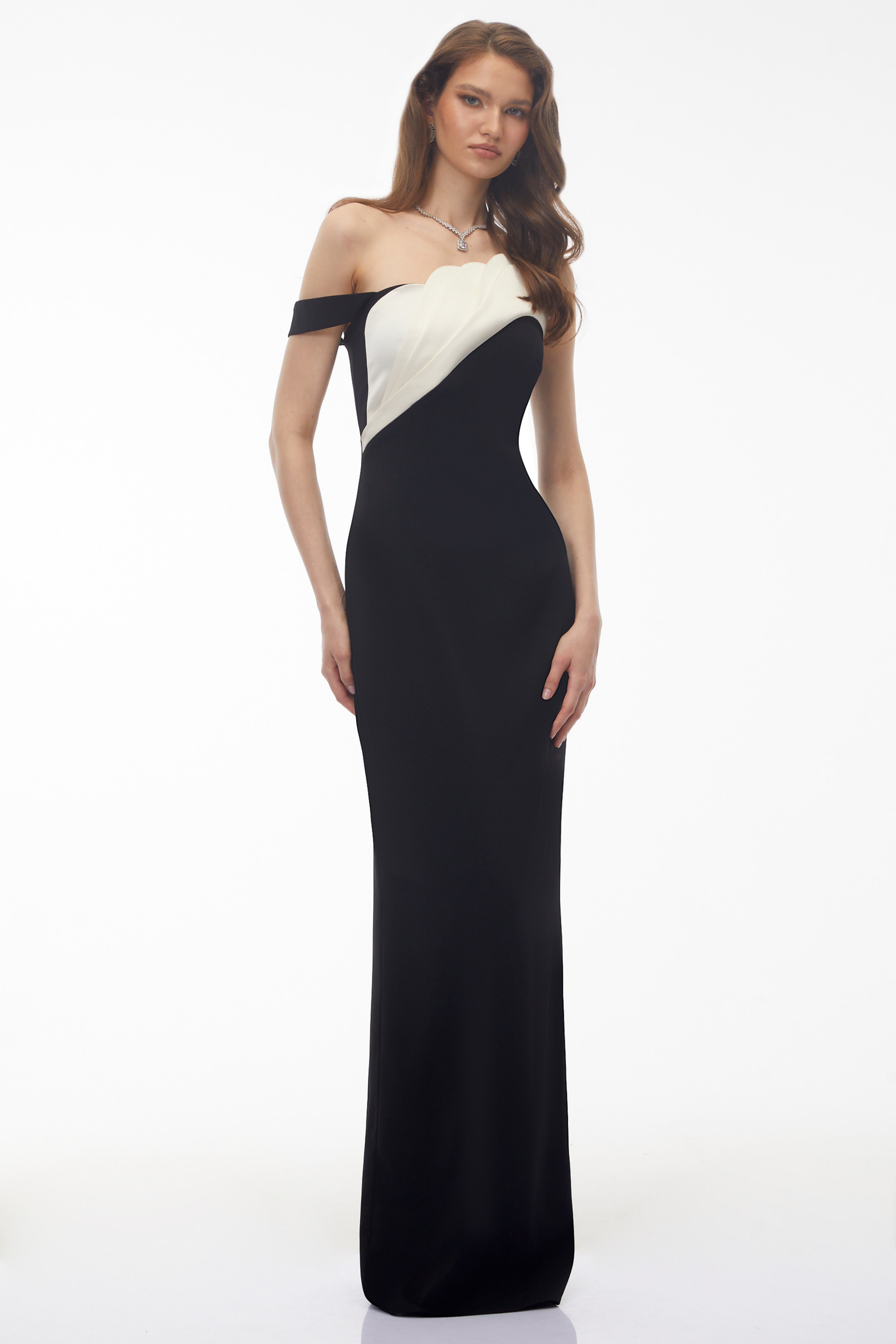 Black and White Contrast Maxi Dress with Scalloped One-Shoulder Neckline