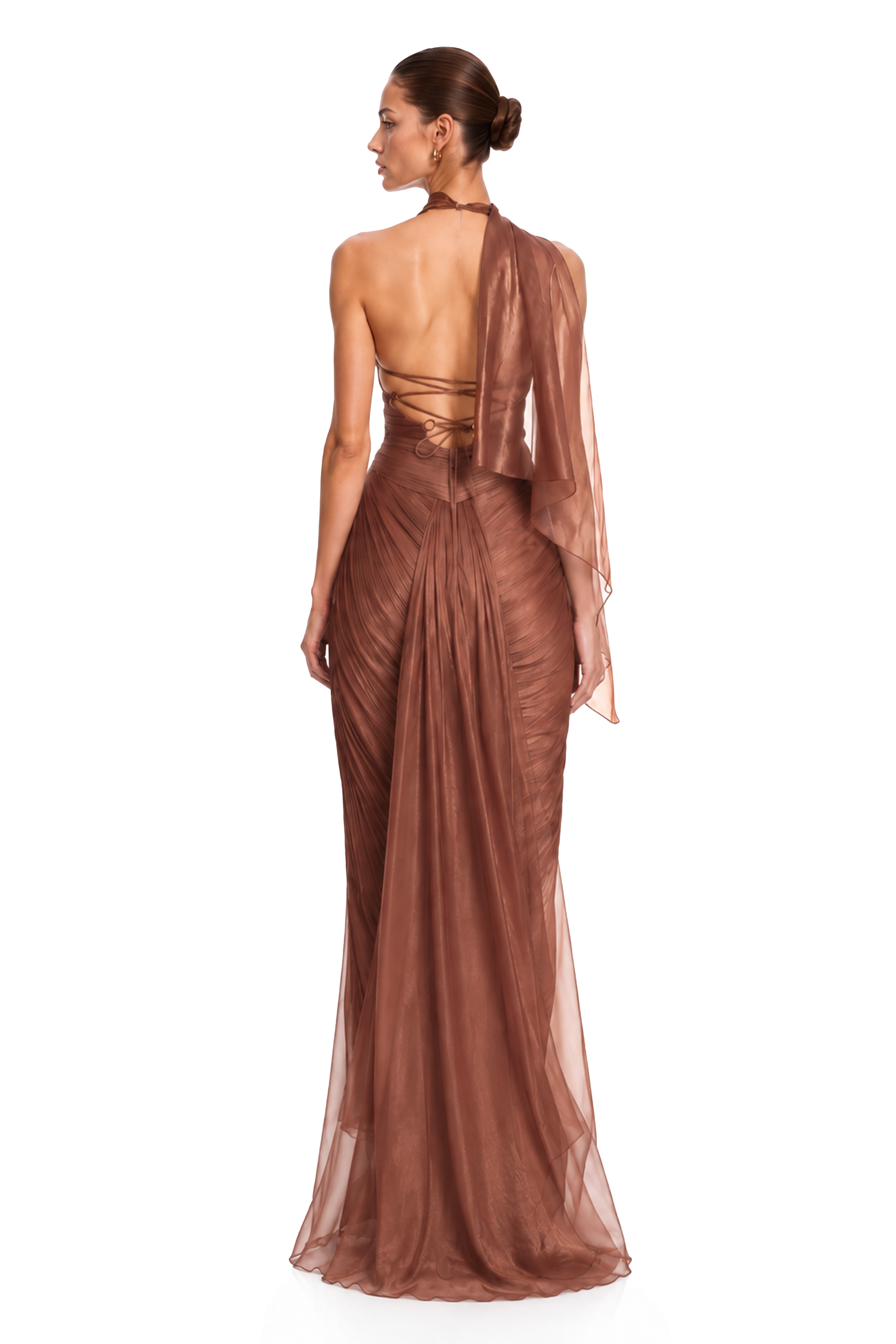 Priscilla Bronze Pleated Halter Plunge Maxi Dress