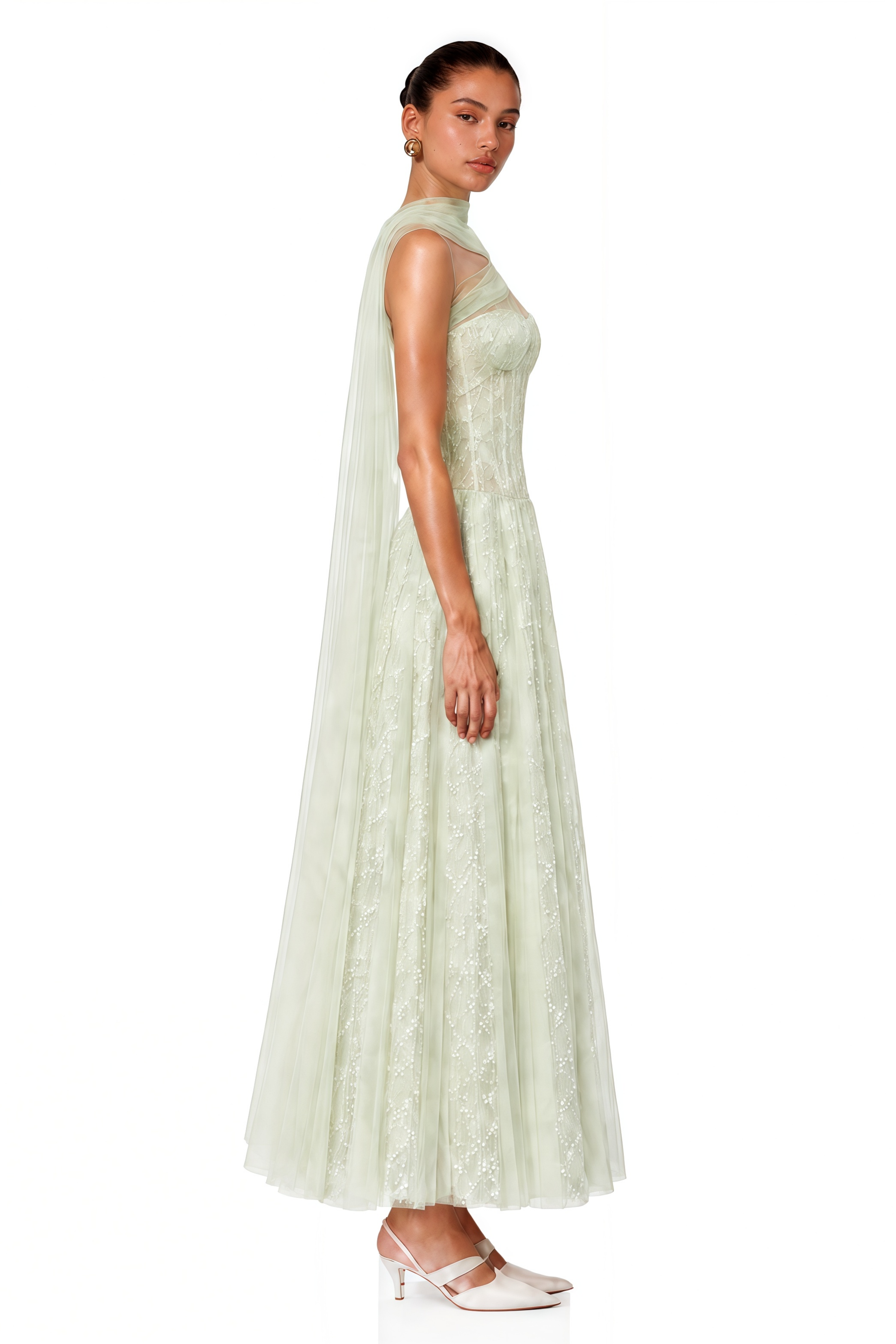 Priscilla Sage Green One Shoulder Asymmetrical Maxi Dress