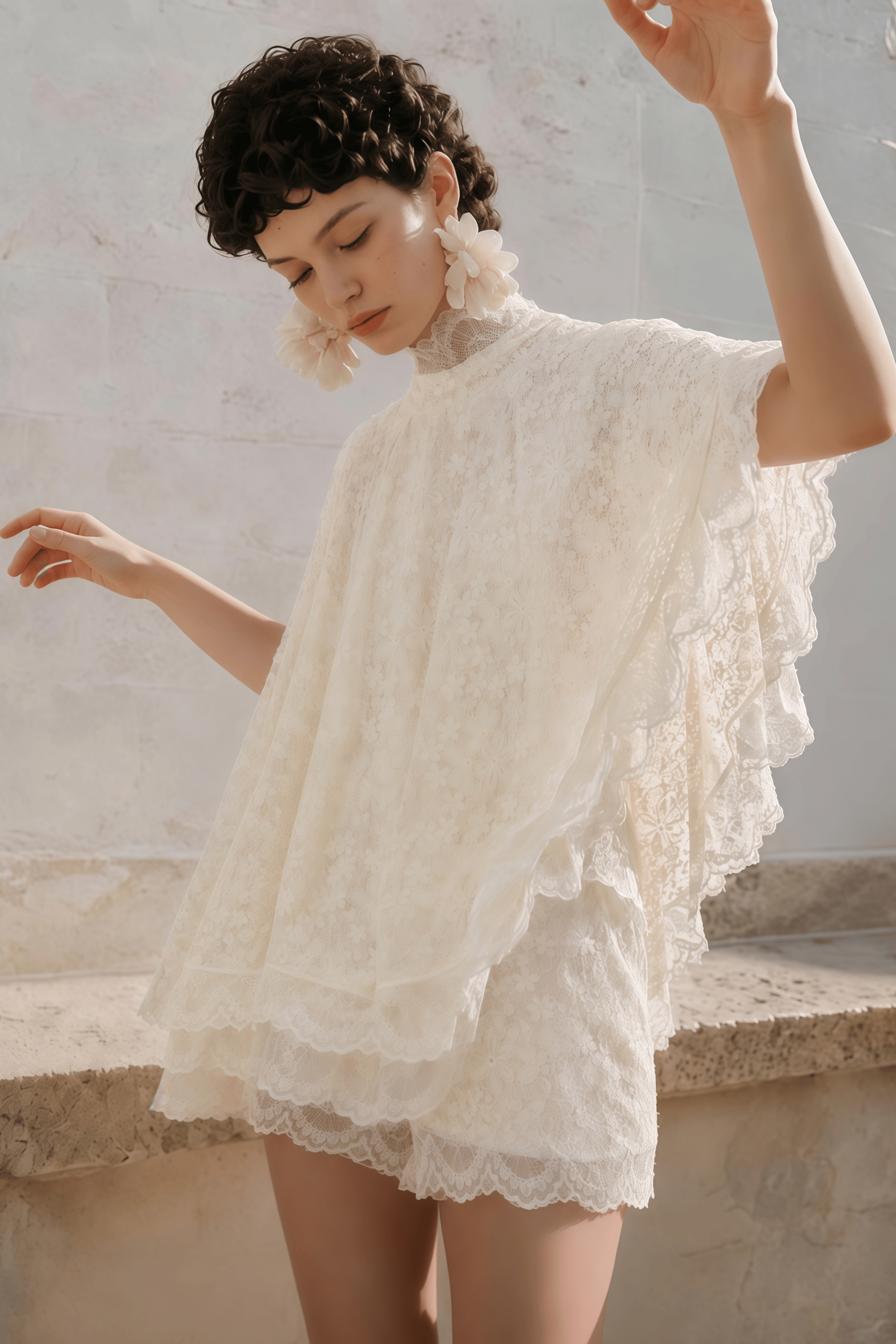 Priscilla White Turtleneck Lace Top & Shorts Set