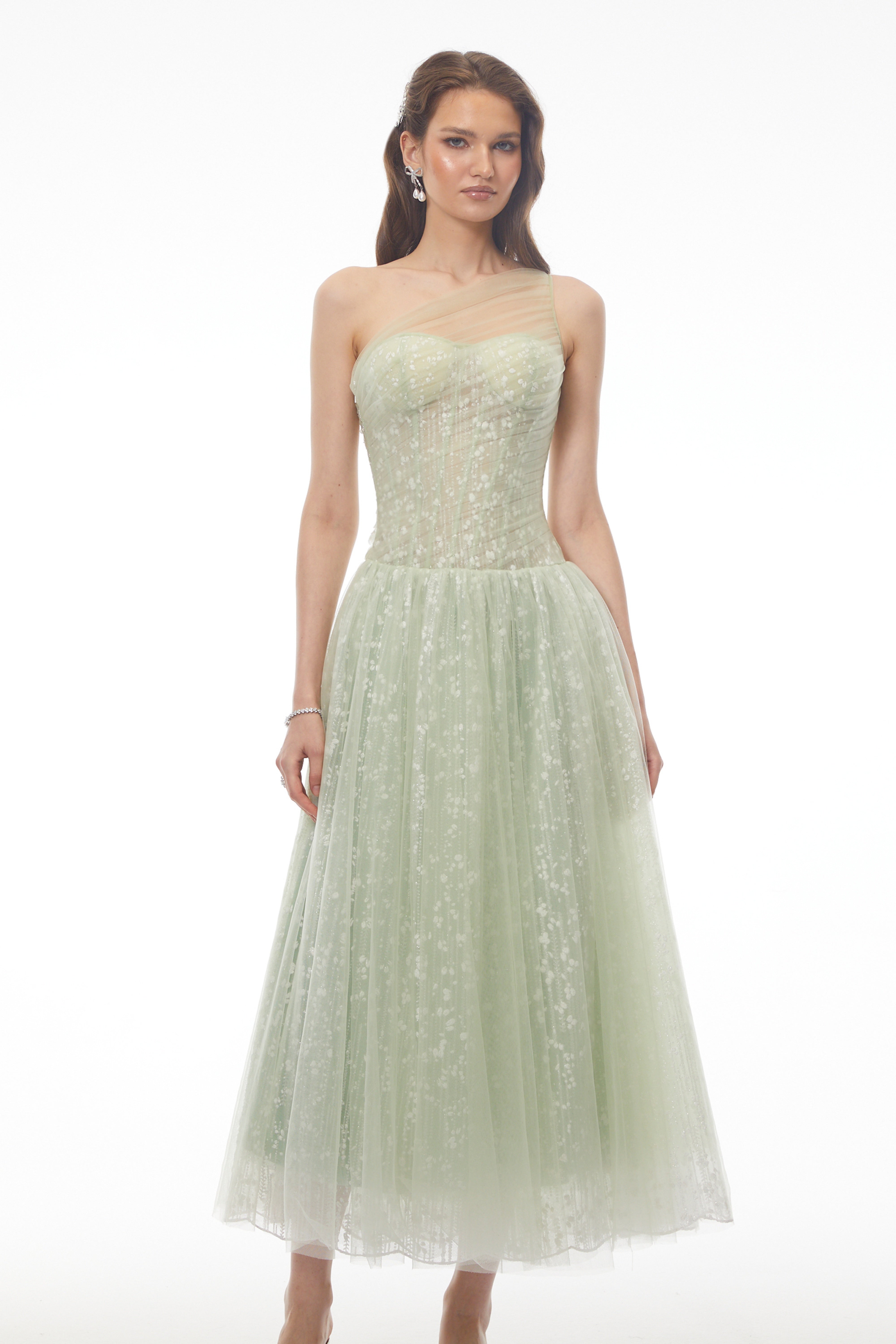 Priscilla Sage Green One Shoulder Asymmetrical Maxi Dress
