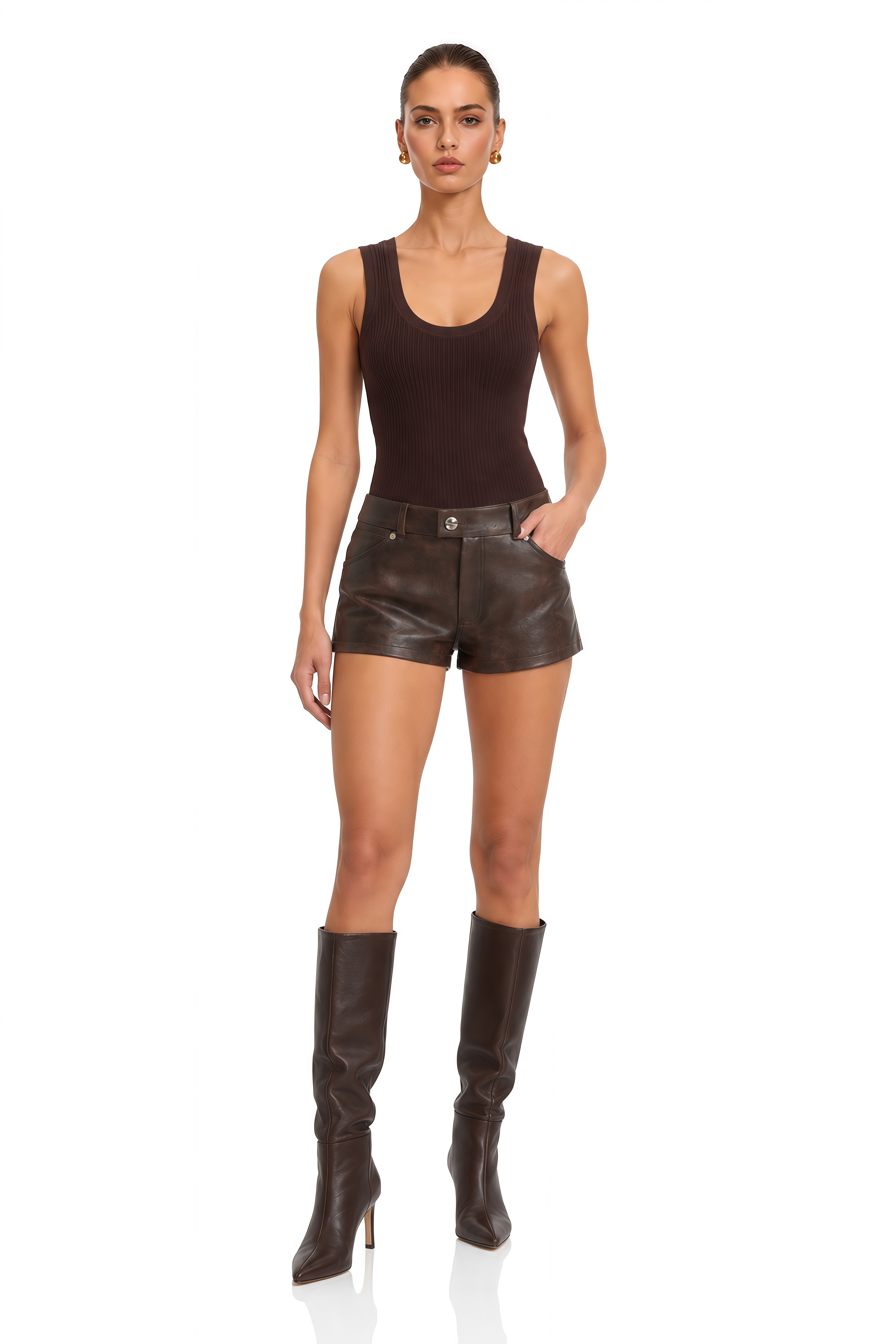 Priscille Brown Leather-Look High Waist Shorts