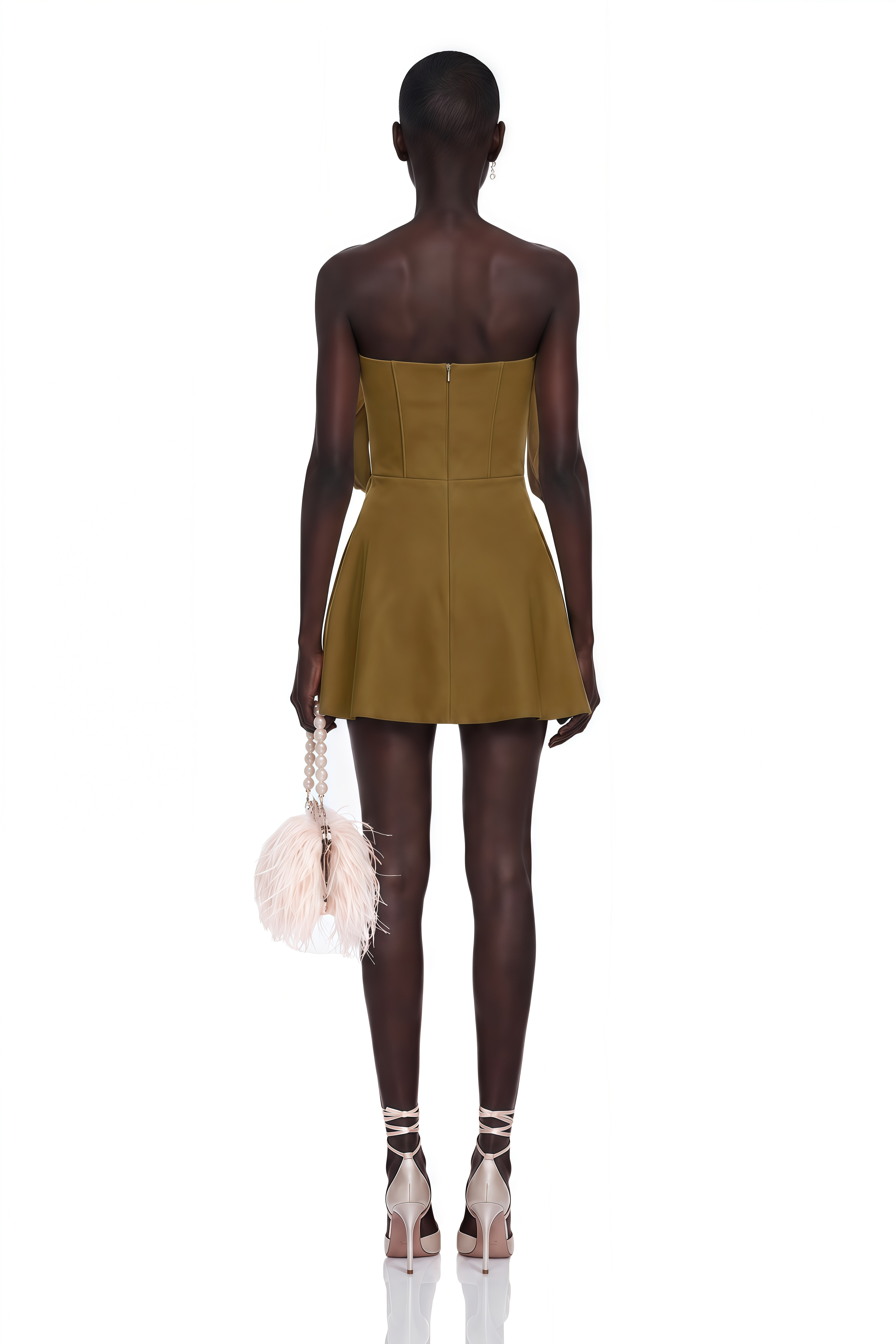 Prune Olive Green Ruched Mini Dress with Metal Hardware