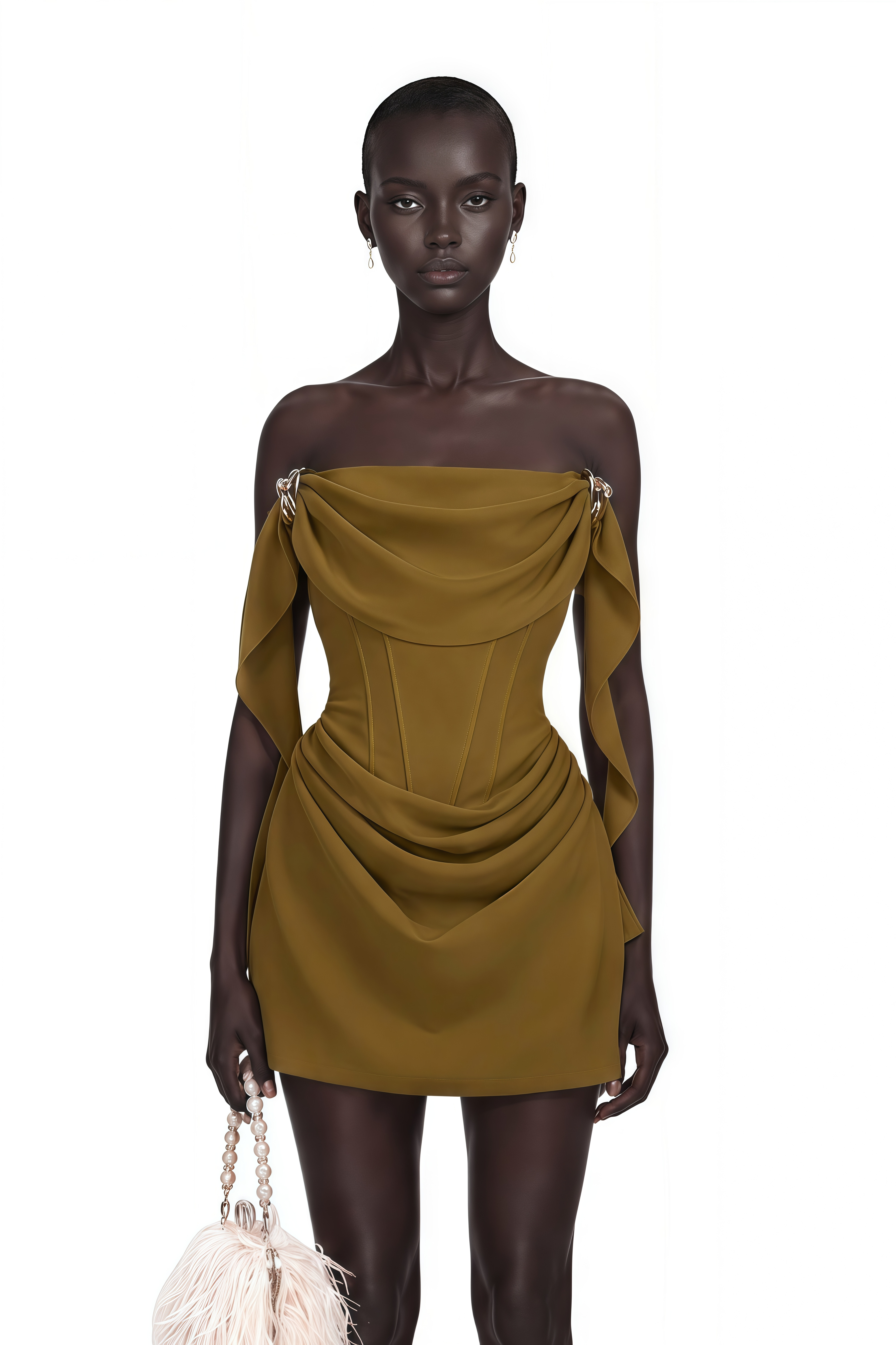 Prune Olive Green Ruched Mini Dress with Metal Hardware