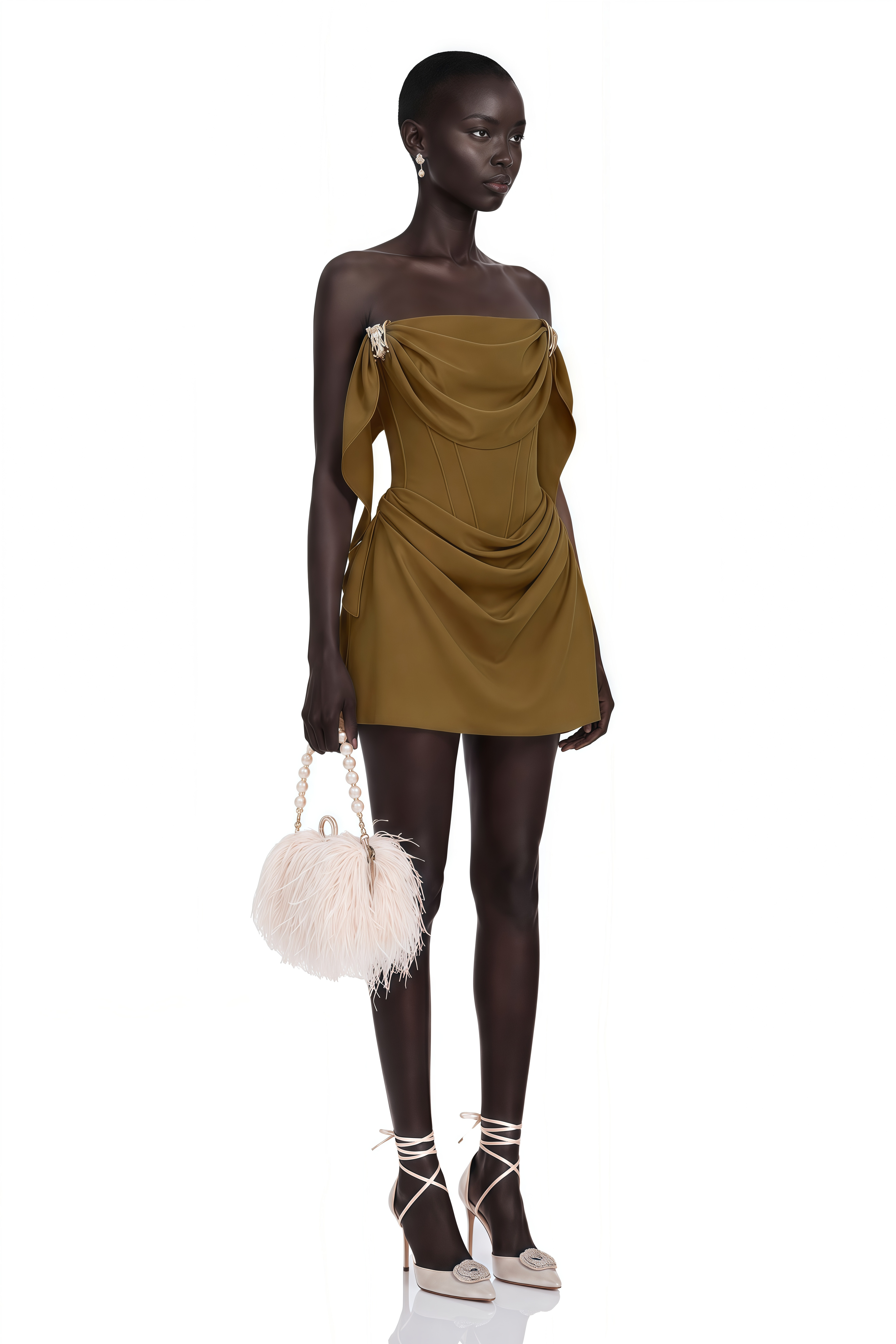 Prune Olive Green Ruched Mini Dress with Metal Hardware