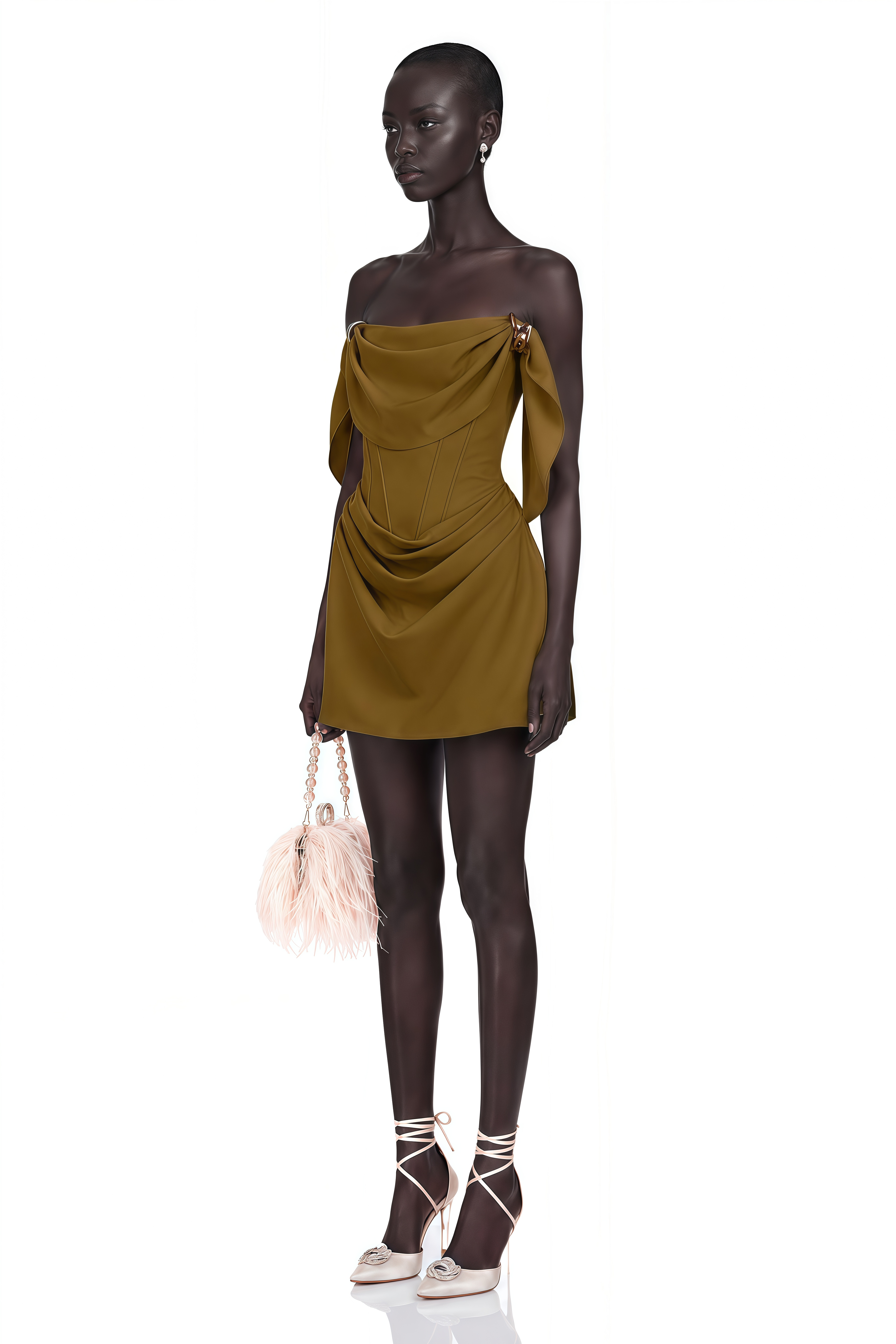 Prune Olive Green Ruched Mini Dress with Metal Hardware