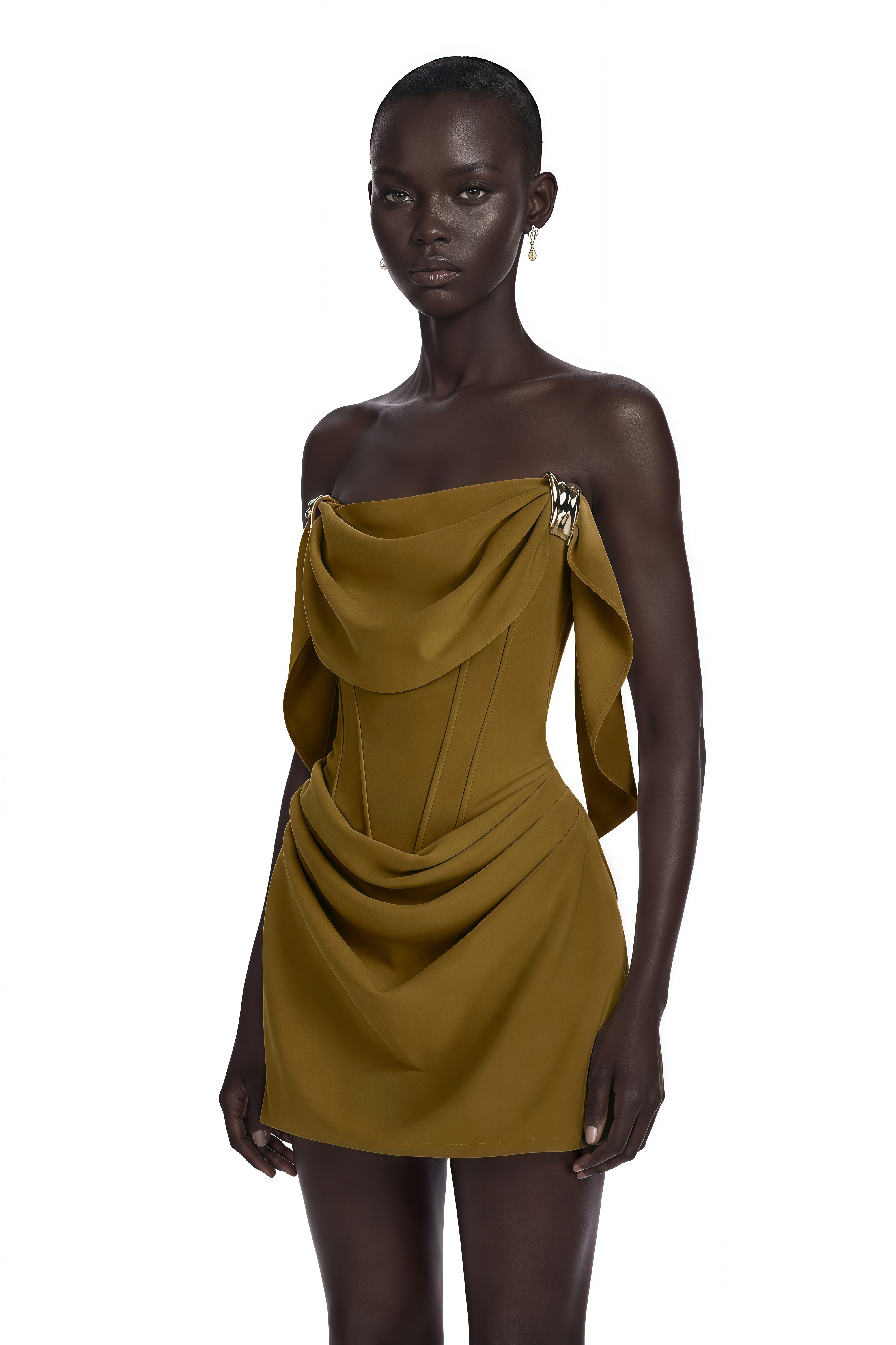Prune Olive Green Ruched Mini Dress with Metal Hardware
