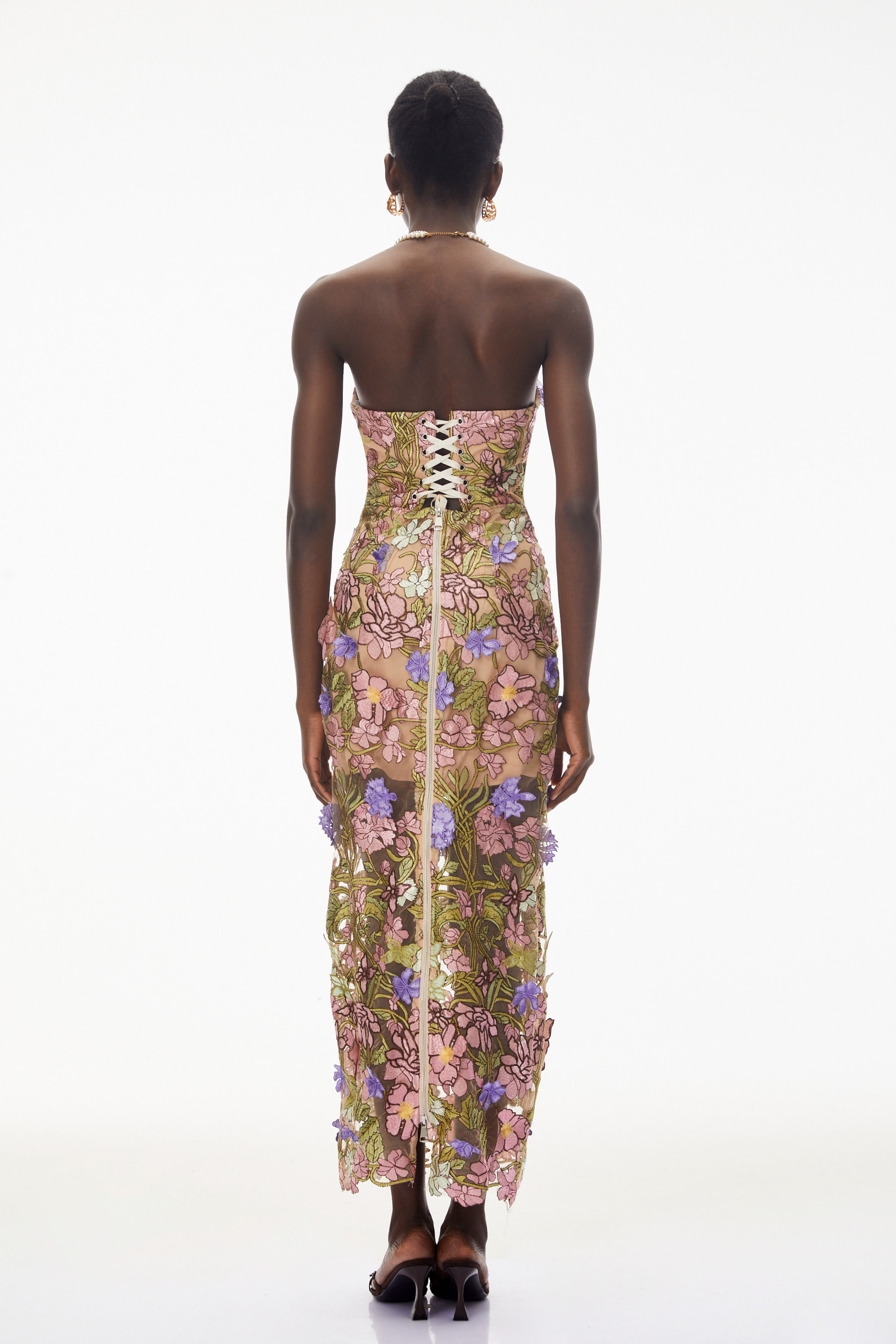 Elegant Strapless Sheer Overlay Midi Gown with Colorful 3D Applique Flowers