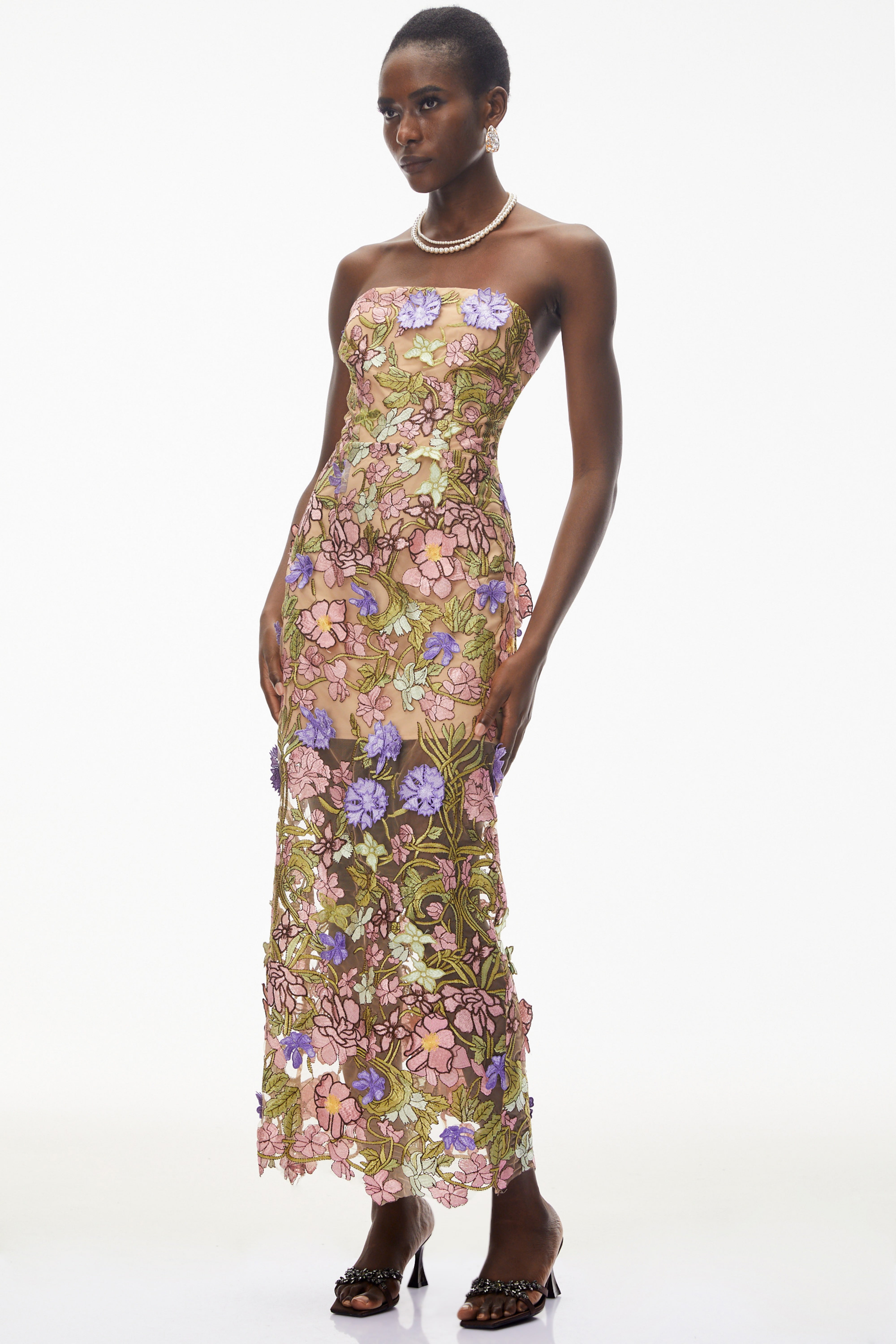 Elegant Strapless Sheer Overlay Midi Gown with Colorful 3D Applique Flowers