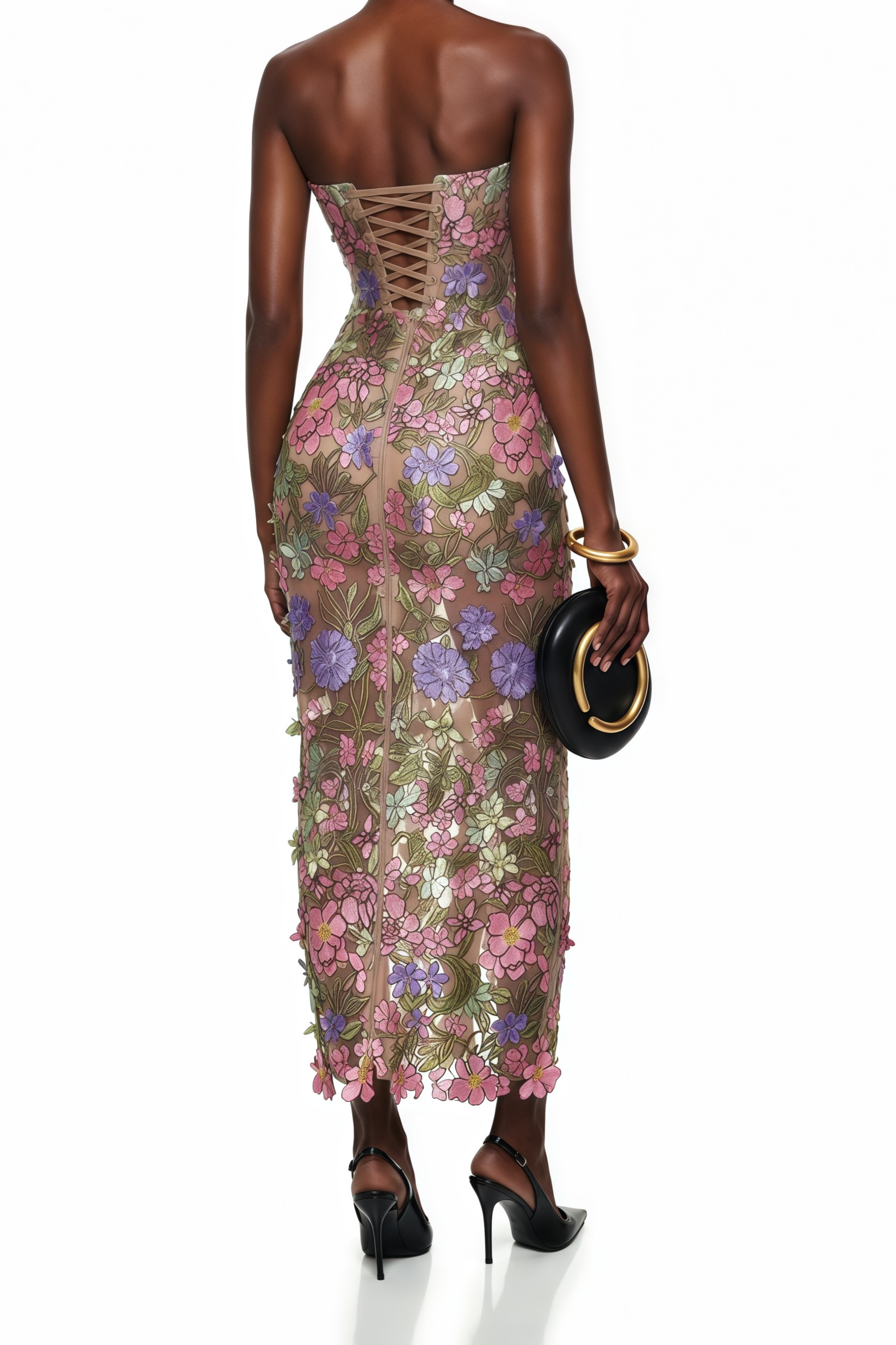 Elegant Strapless Sheer Overlay Midi Gown with Colorful 3D Applique Flowers