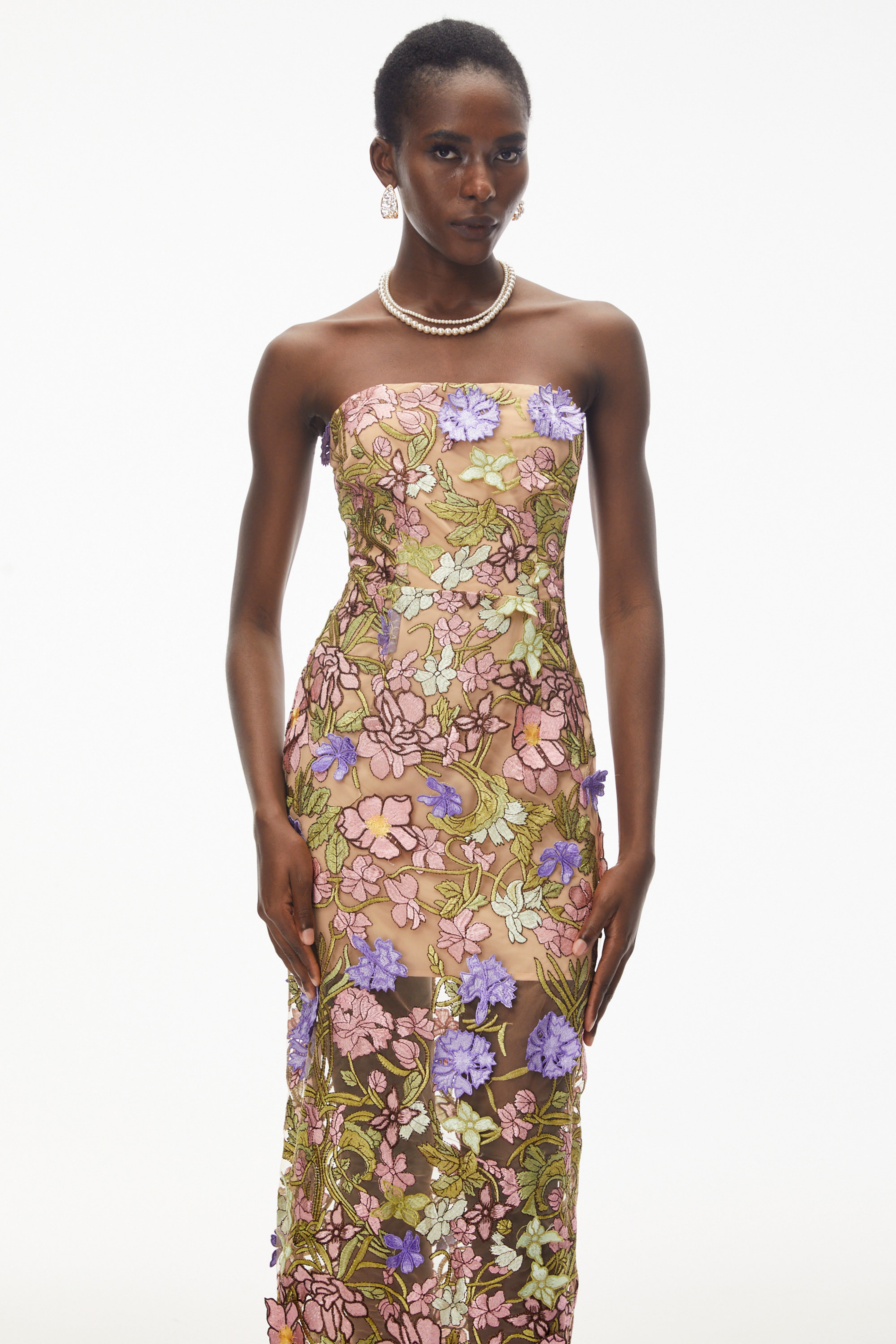 Elegant Strapless Sheer Overlay Midi Gown with Colorful 3D Applique Flowers