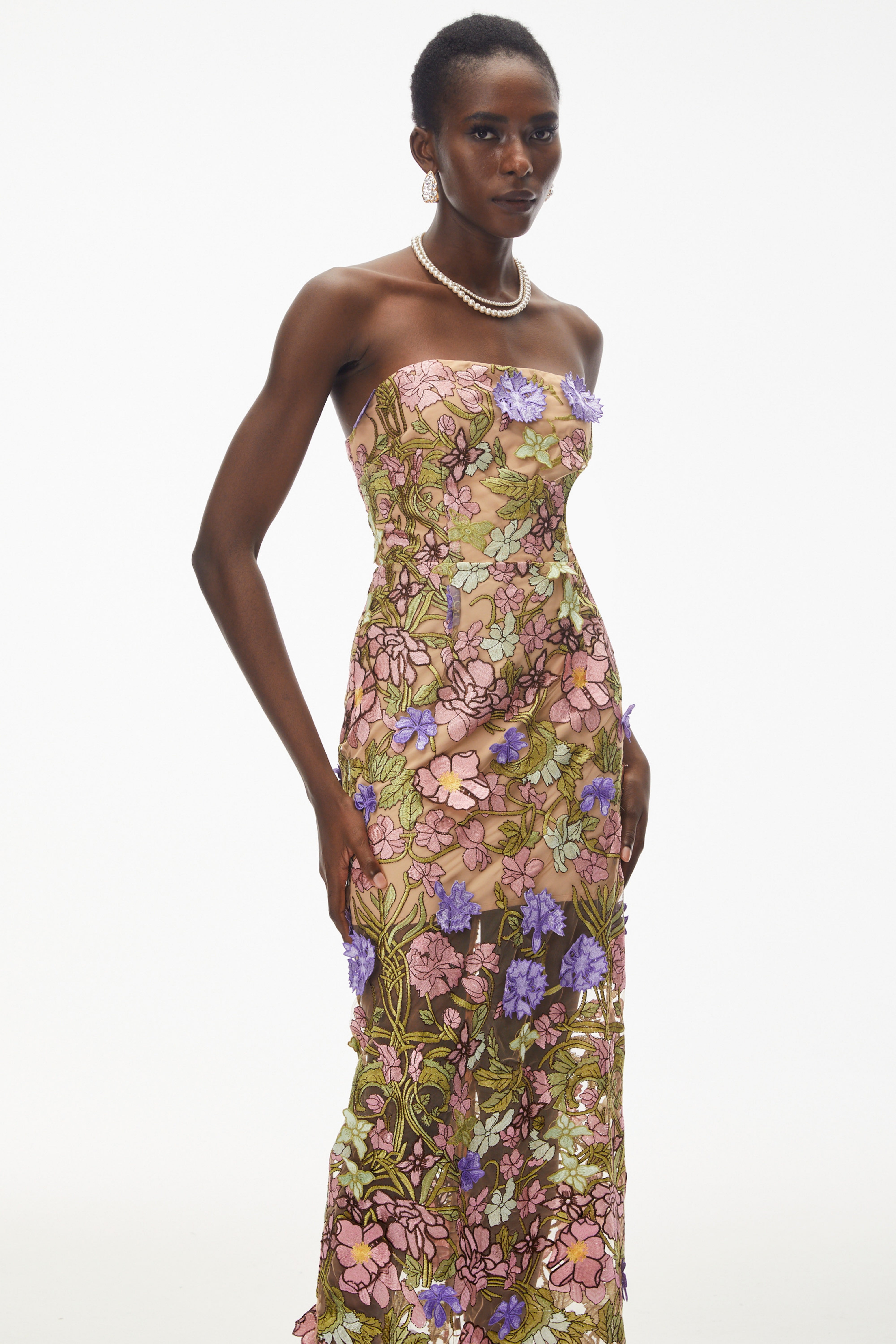 Elegant Strapless Sheer Overlay Midi Gown with Colorful 3D Applique Flowers